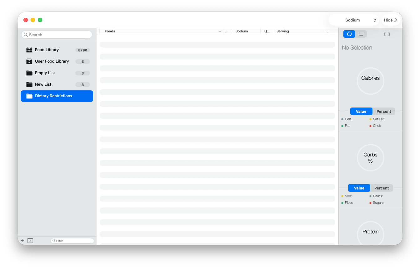 A named Classic folder containing foods selected for a dietary-restriction comparison