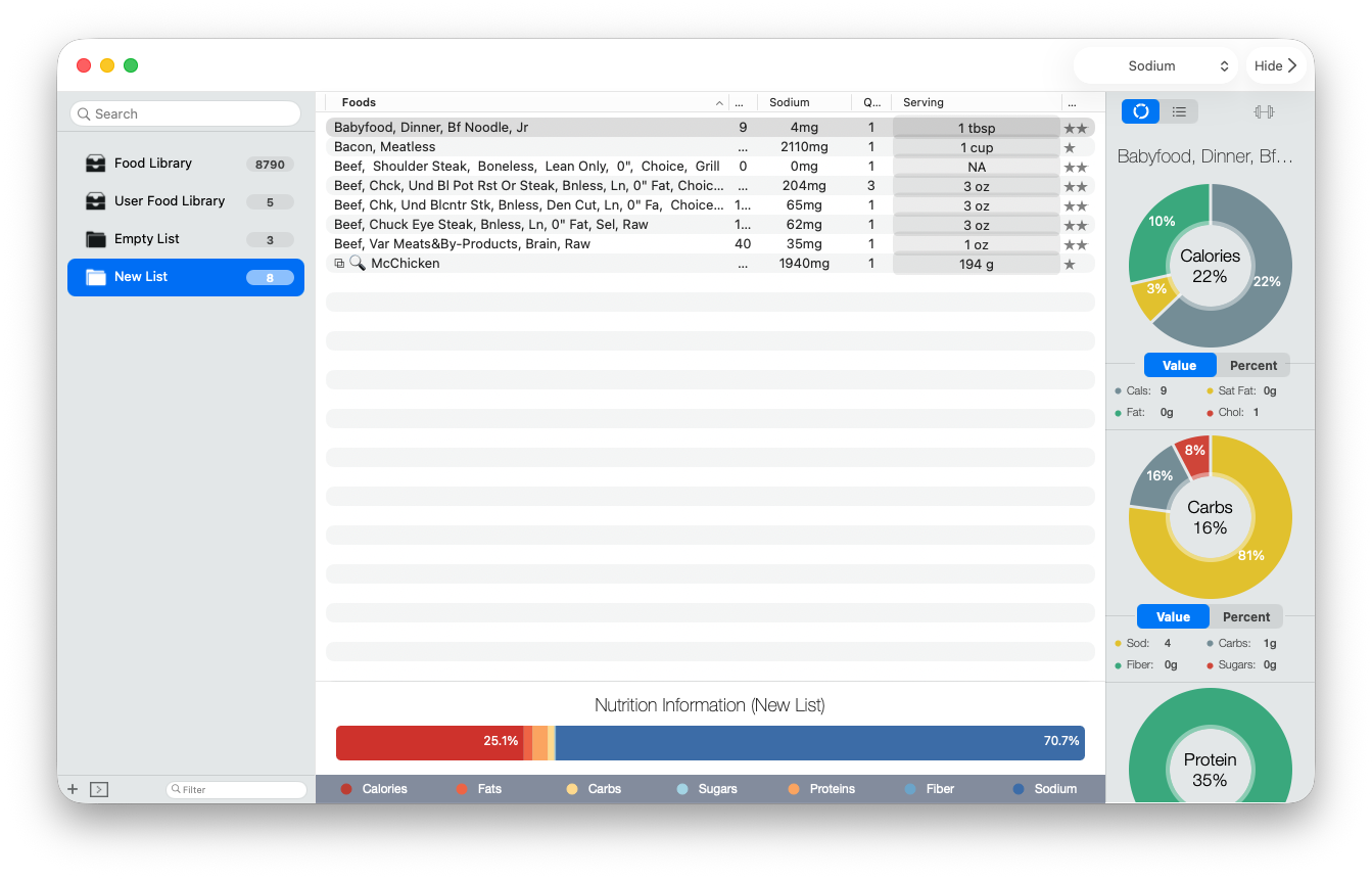 A BeFit Tracker Classic folder showing foods and their combined nutrition summary