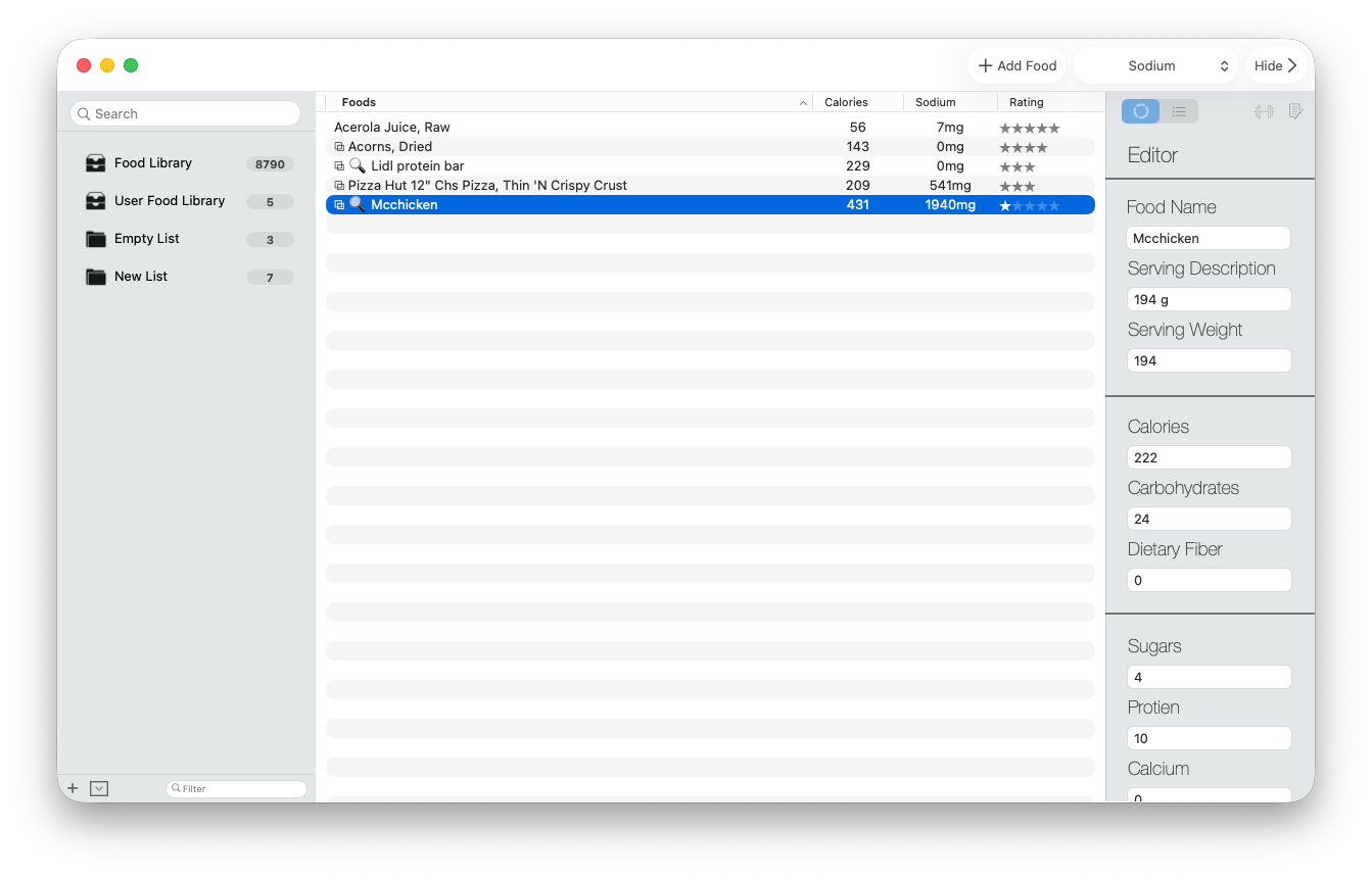 An Open Food Facts product imported into the Classic User Food Library and opened in the editor