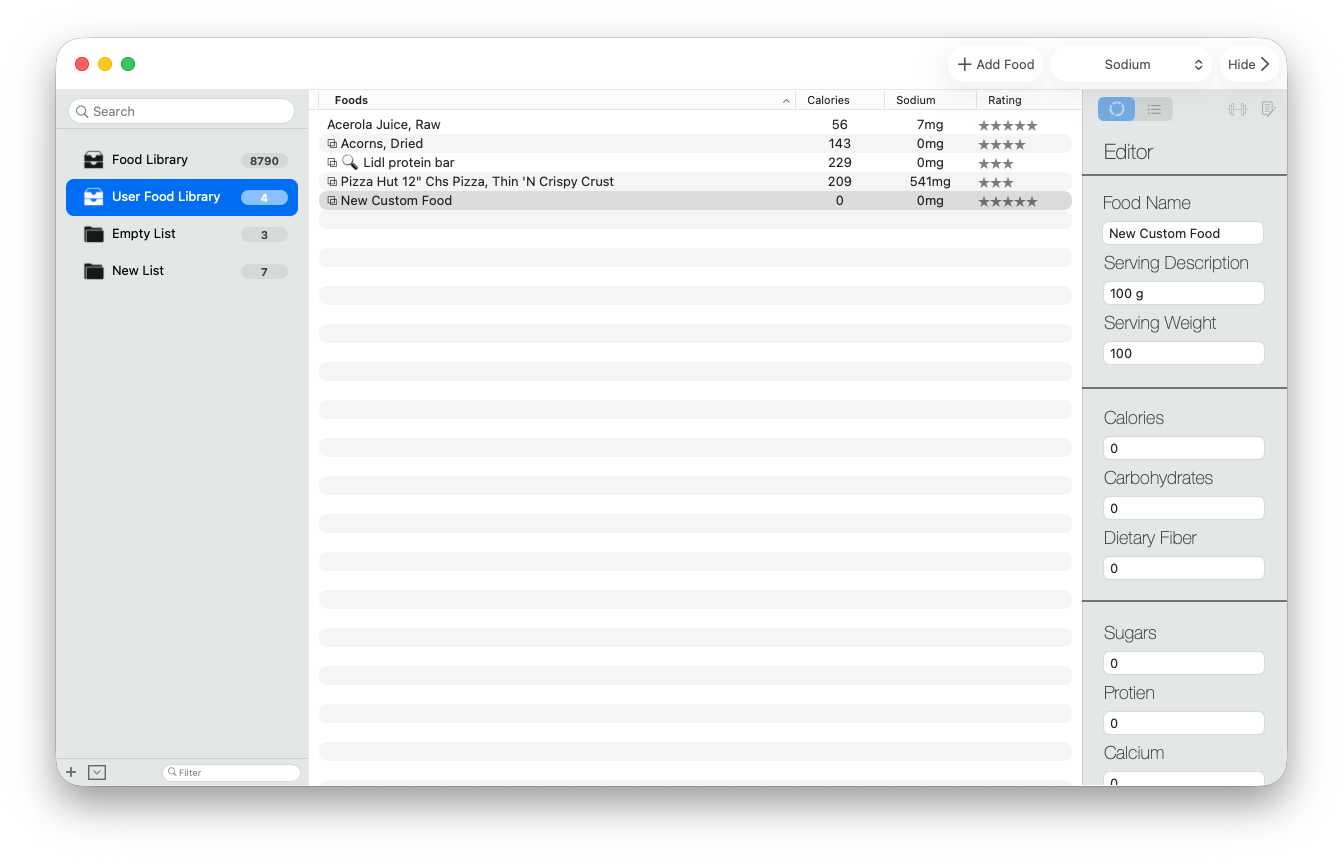 A new custom food open in the Classic editor with serving and nutrition fields