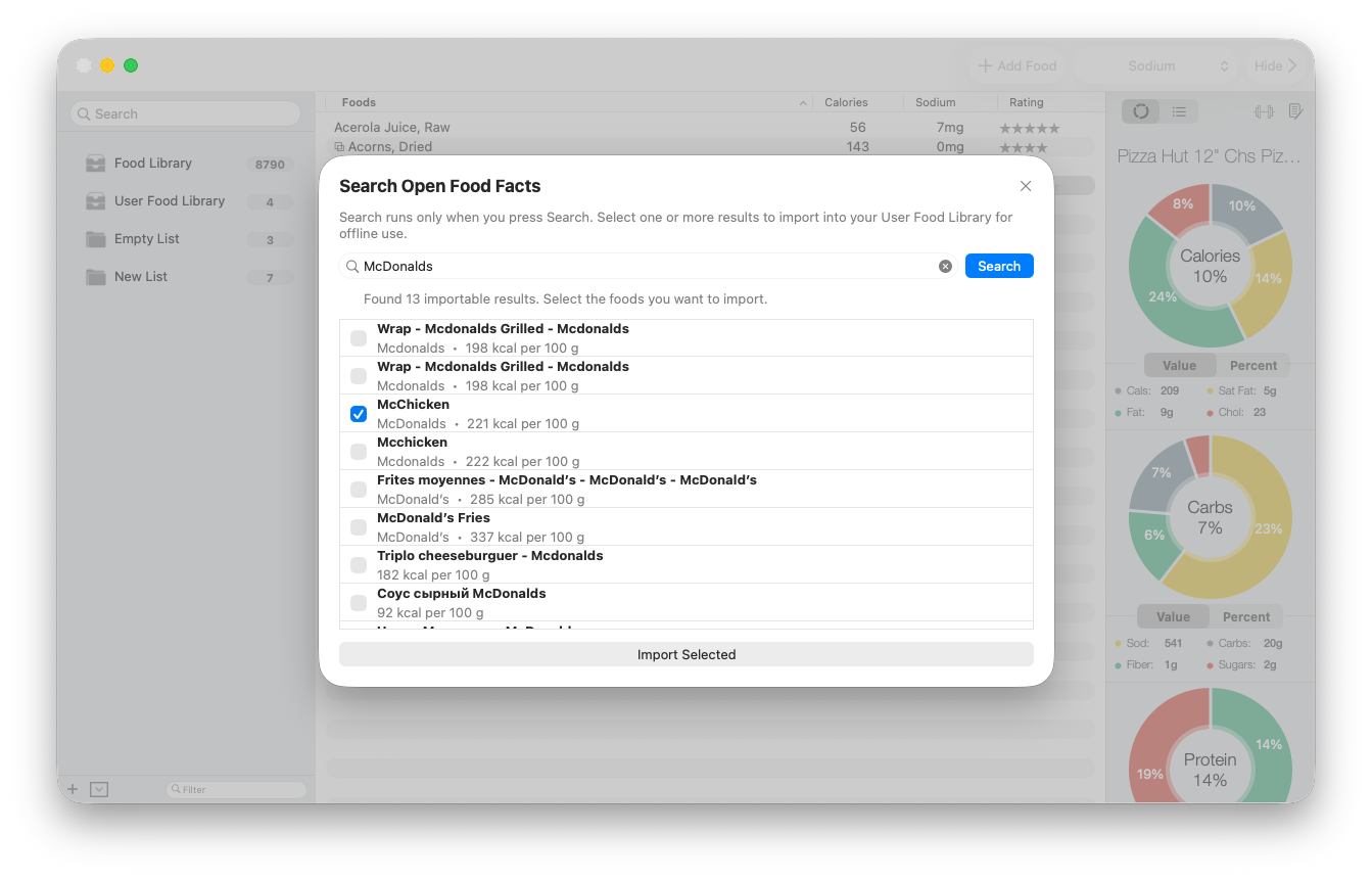 Selectable Open Food Facts product results in Classic