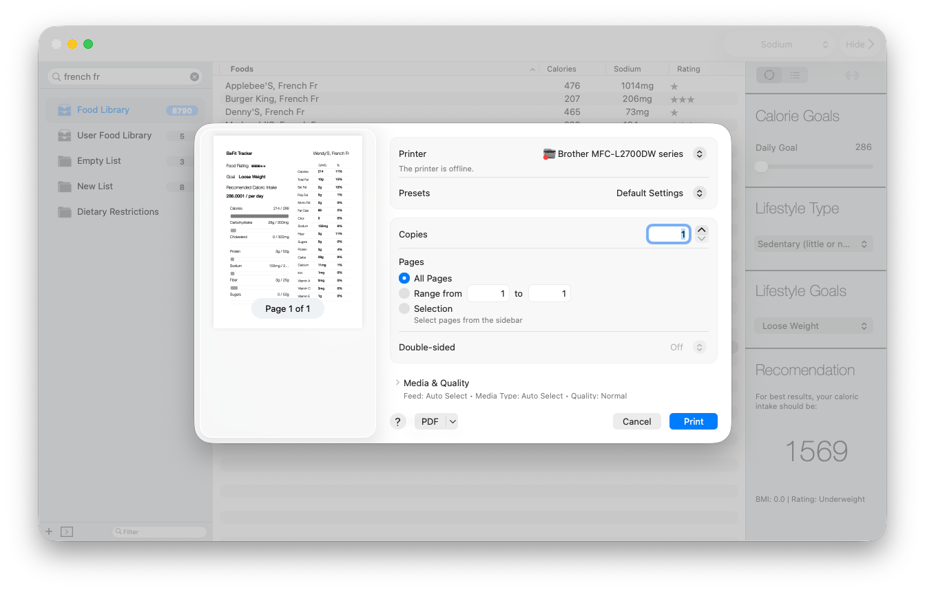 The standard macOS print panel previewing several pages of Classic food information