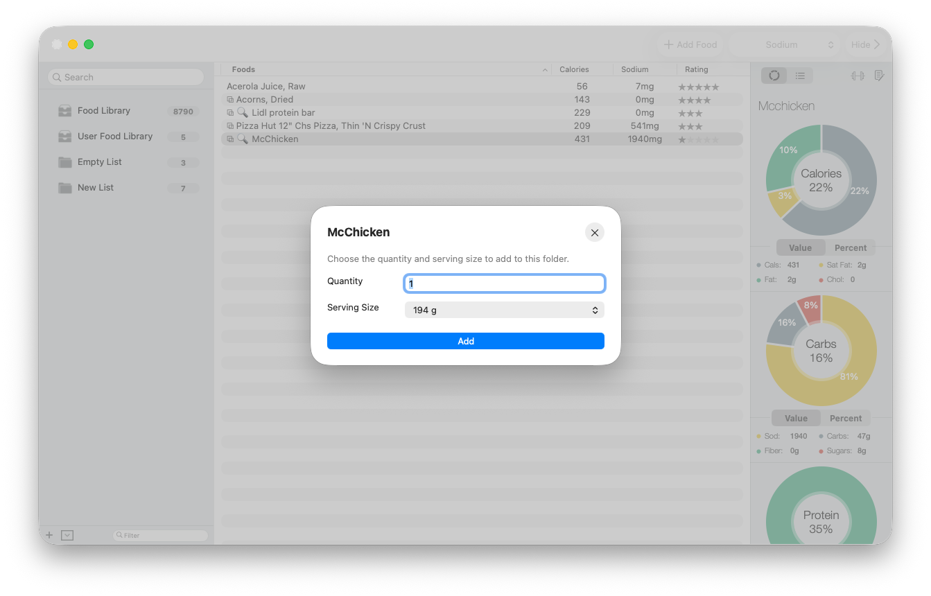 Classic serving dialog with quantity and serving-size controls