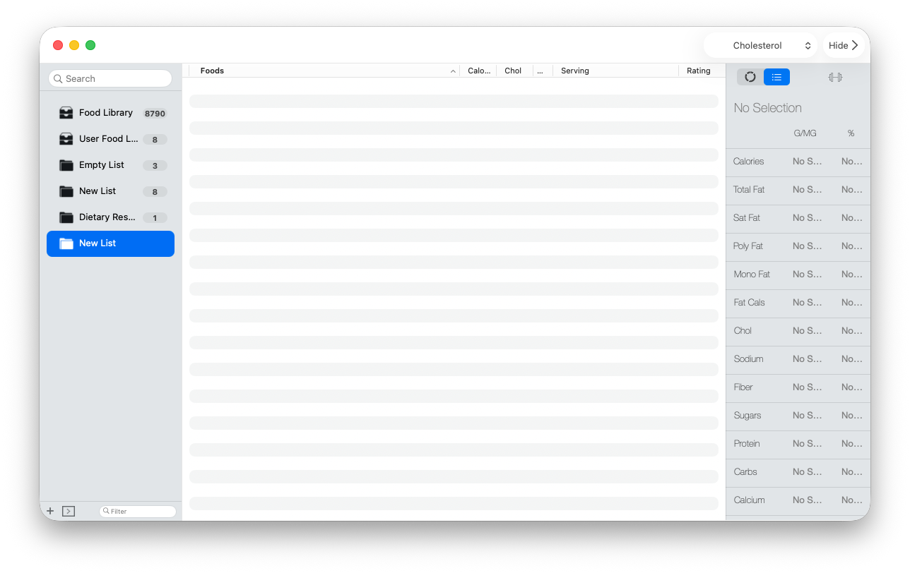 A newly created empty list selected in the BeFit Tracker Classic sidebar