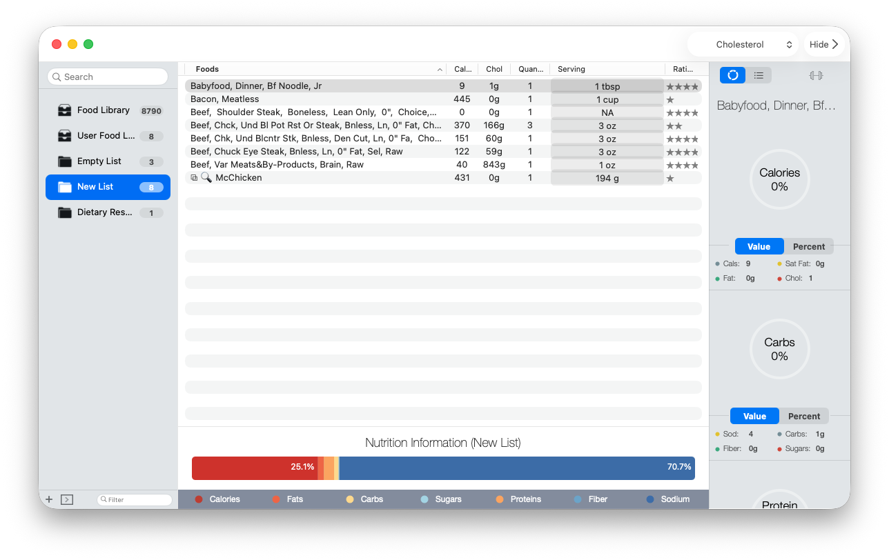 Quantity and Serving columns in a populated BeFit Tracker Classic list
