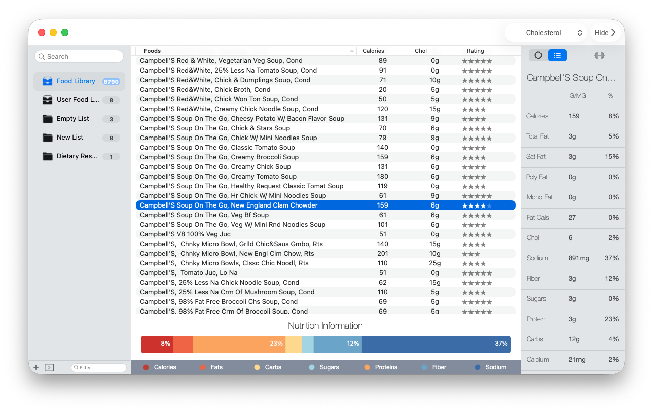 The nutrient table for a selected soup in BeFit Tracker Classic
