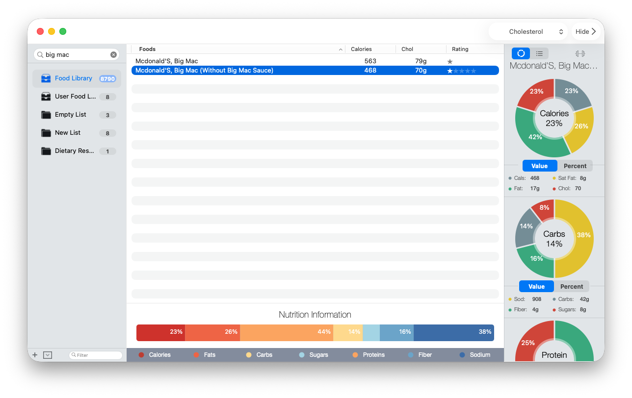 A search for Big Mac in the BeFit Tracker Classic Food Library