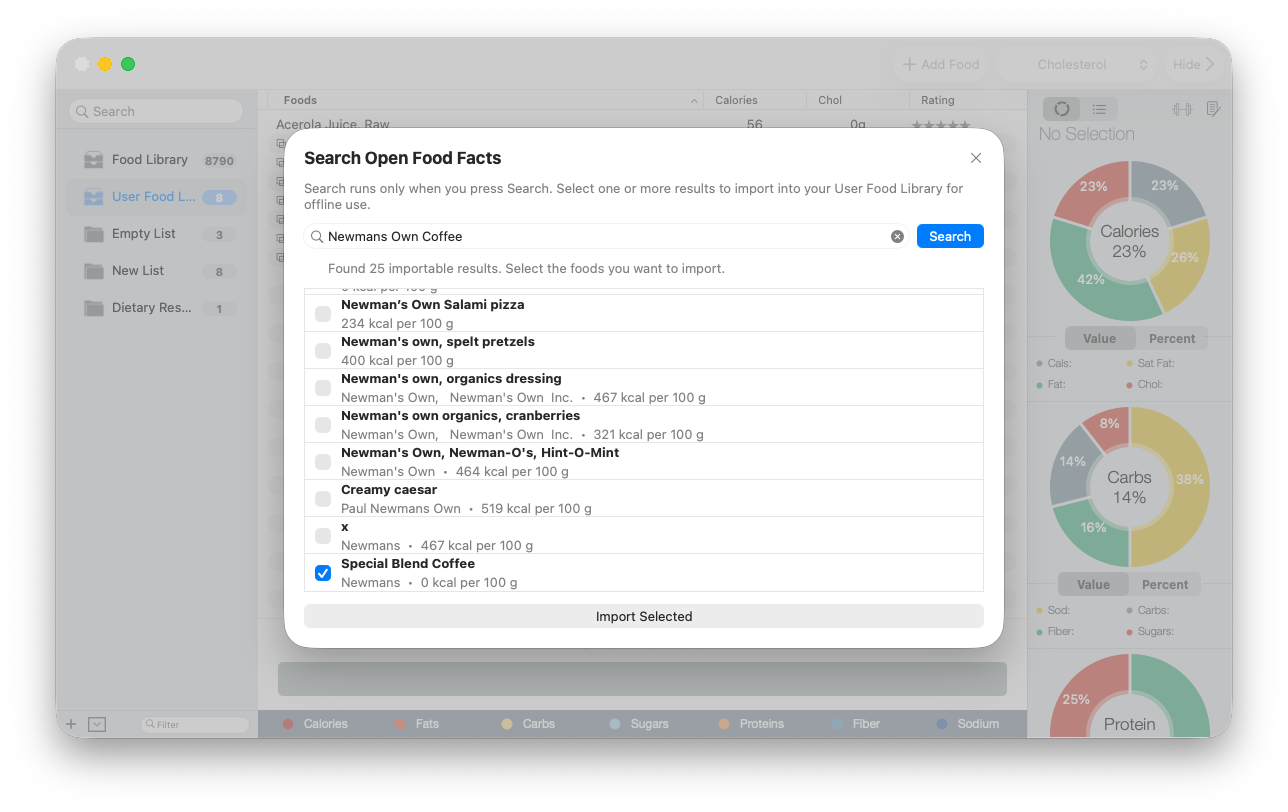 Open Food Facts search results with one product selected for import into BeFit Tracker Classic