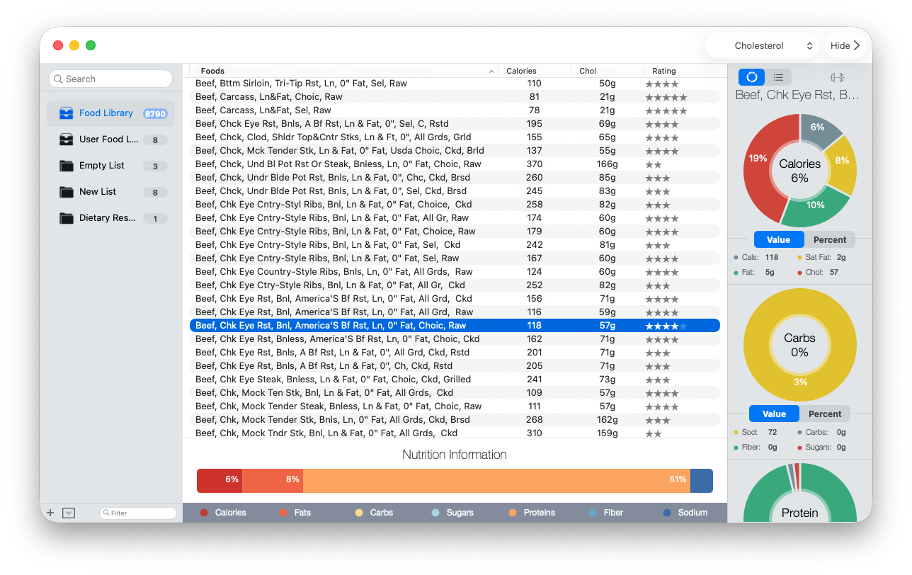 A selected beef record with nutrition rings and the Nutrition Information bar in BeFit Tracker Classic