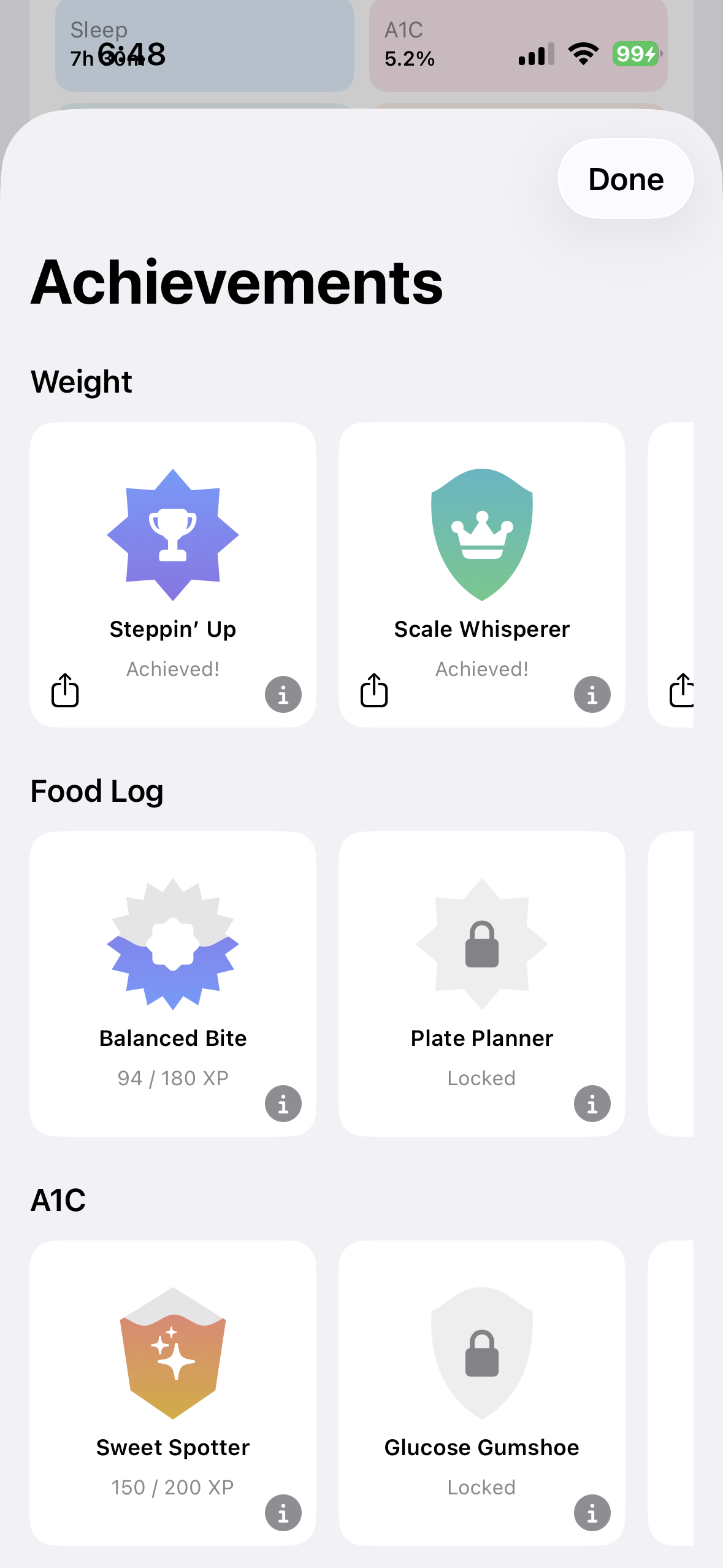 Achievement gallery in BeFit Tracker on iPhone
