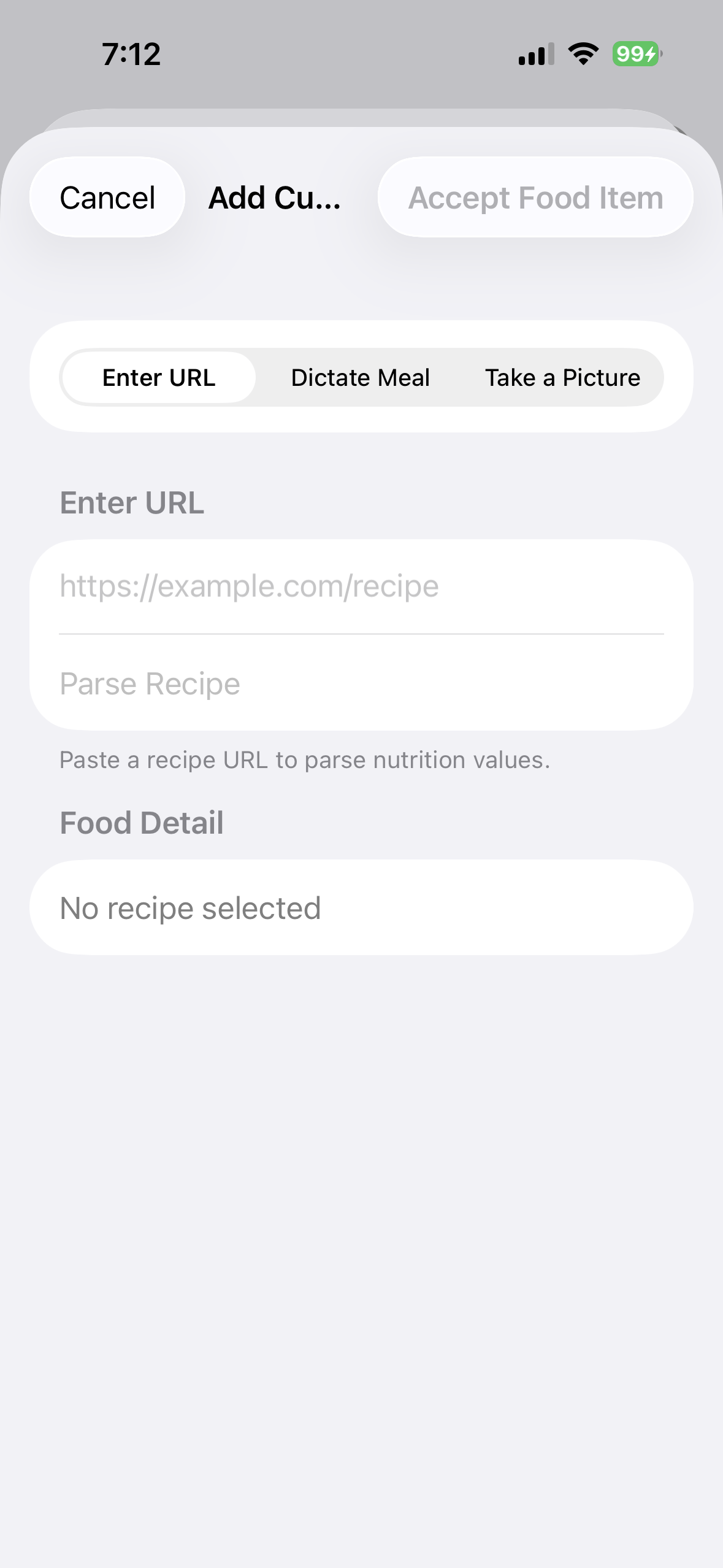 Custom food creation choices on iPhone