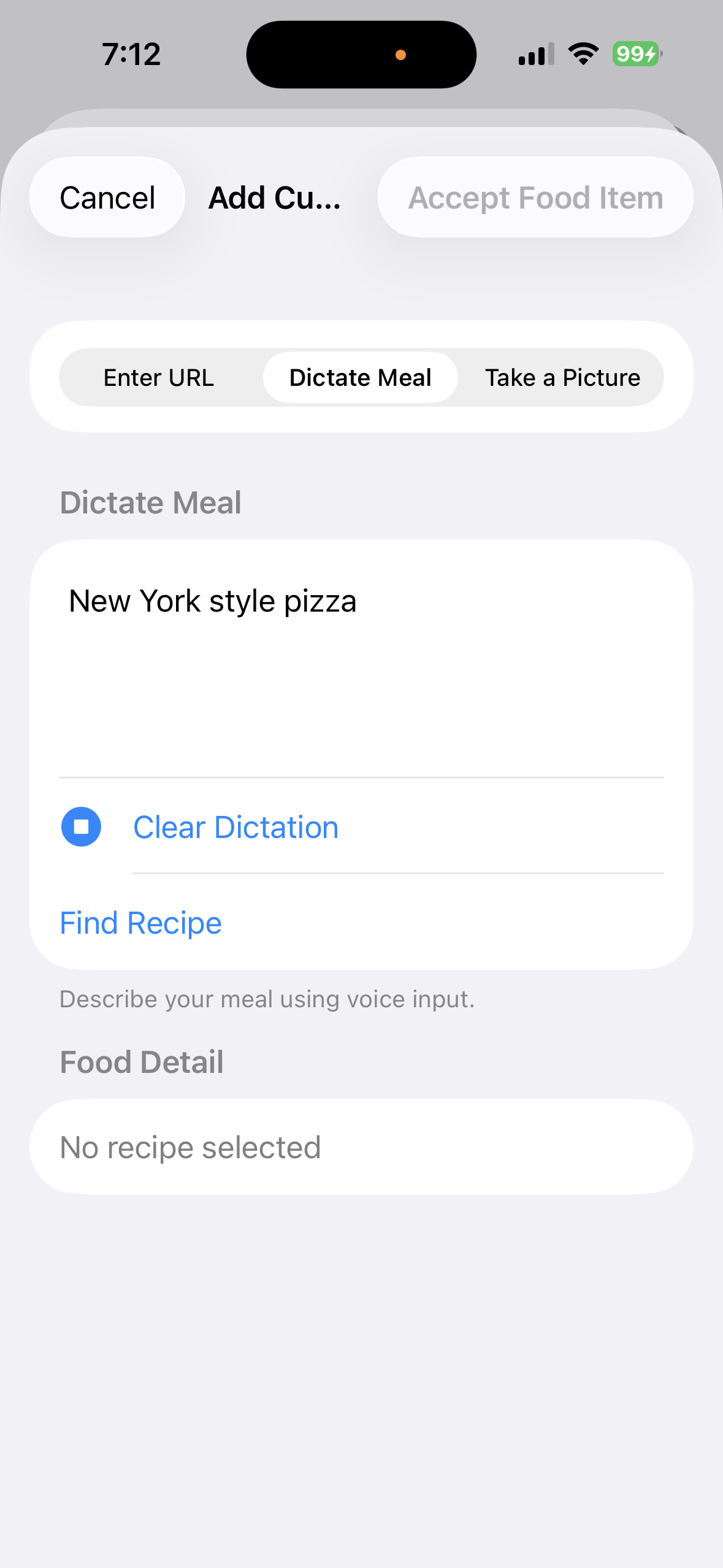 Dictated meal description in BeFit Tracker on iPhone
