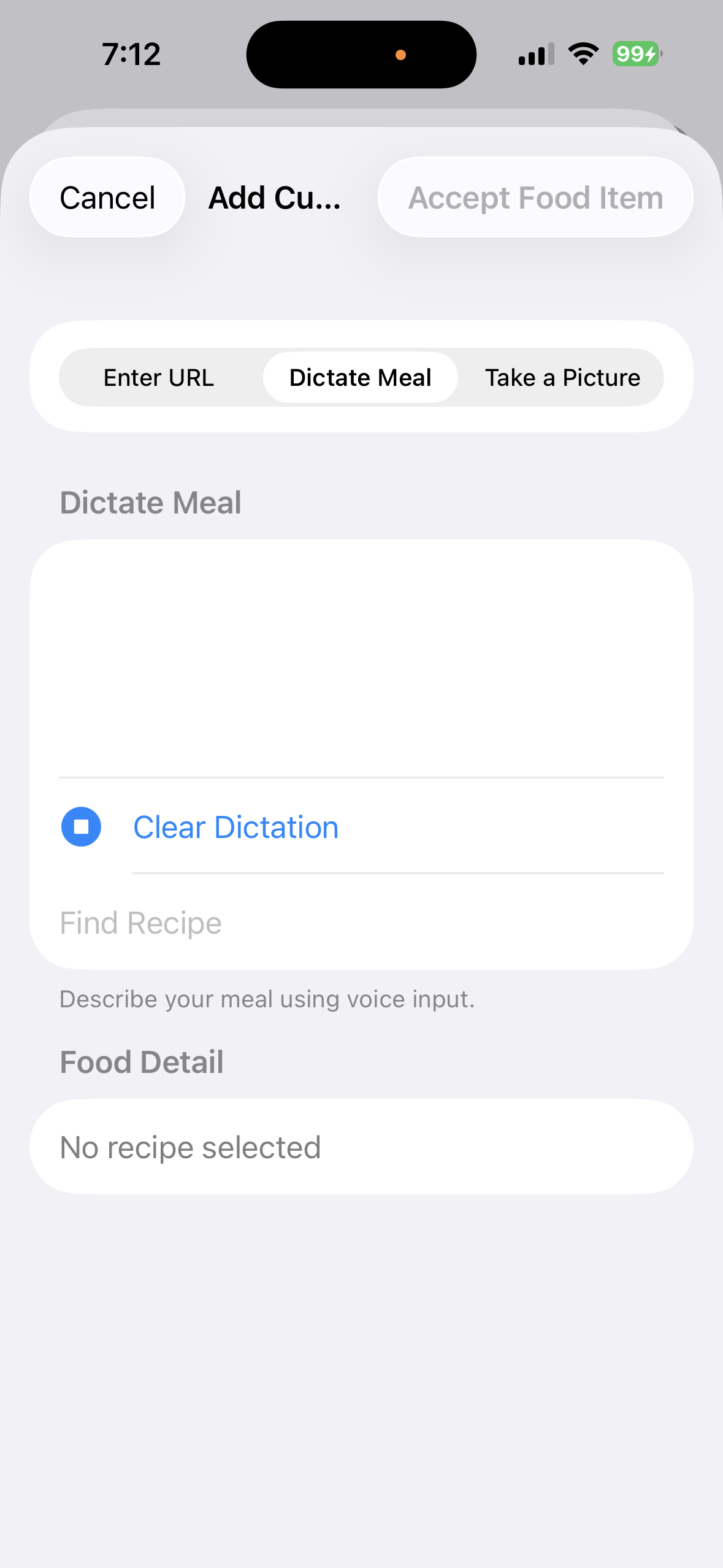 Dictated food description ready for search on iPhone