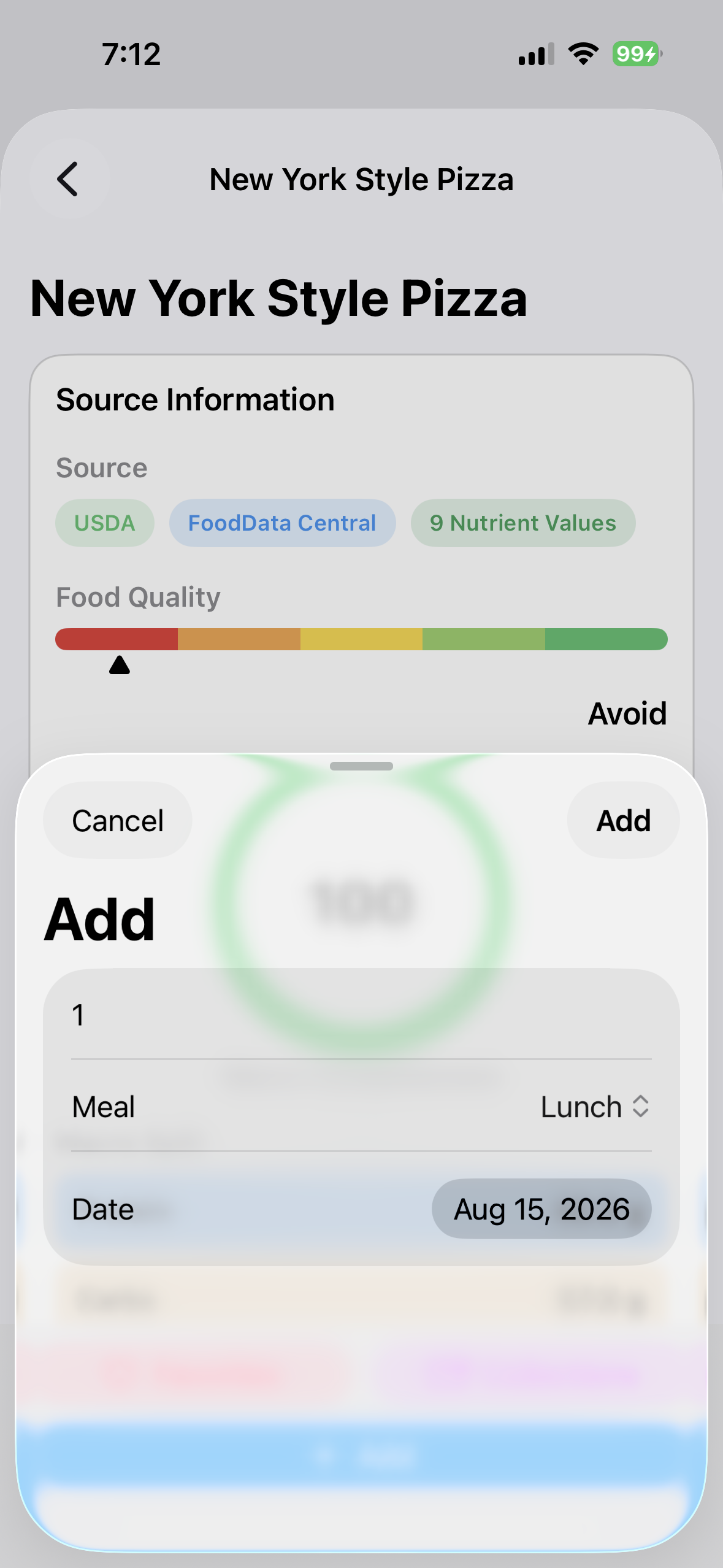 Serving and meal sheet for a dictated food on iPhone