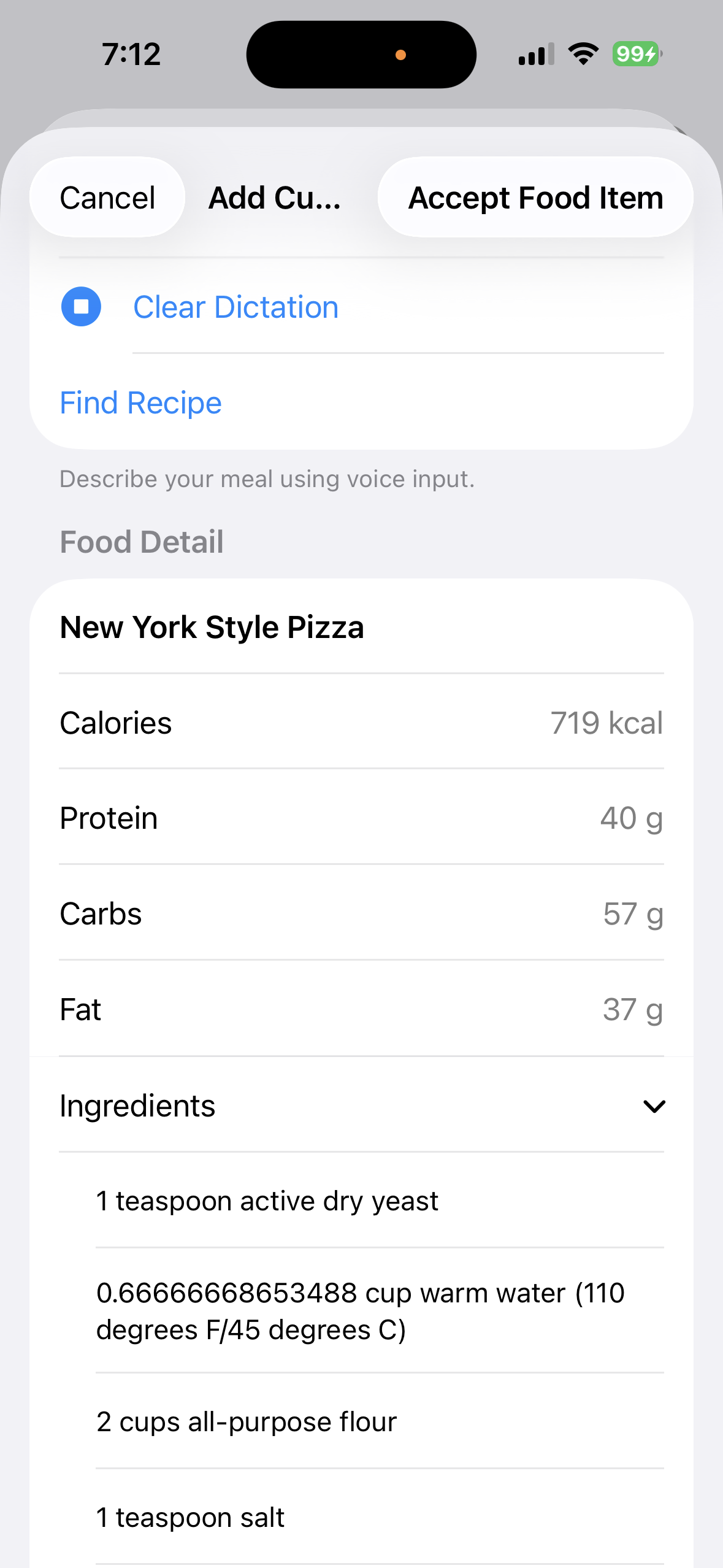Recipe ingredients shown before accepting a custom food