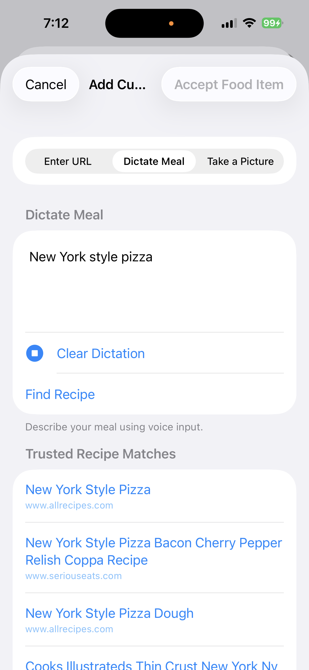 Trusted recipe matches for a dictated meal