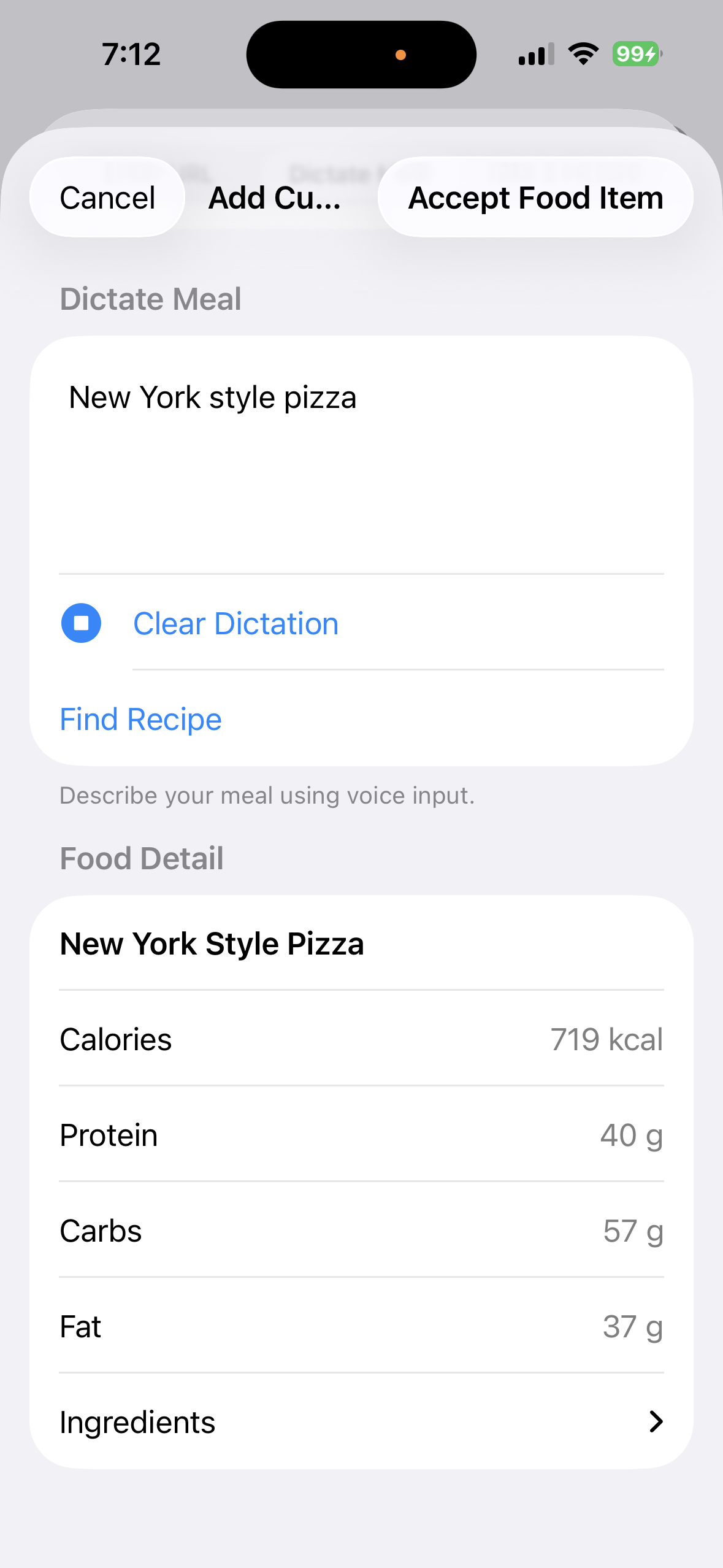 Recipe summary returned from a dictated food search on iPhone