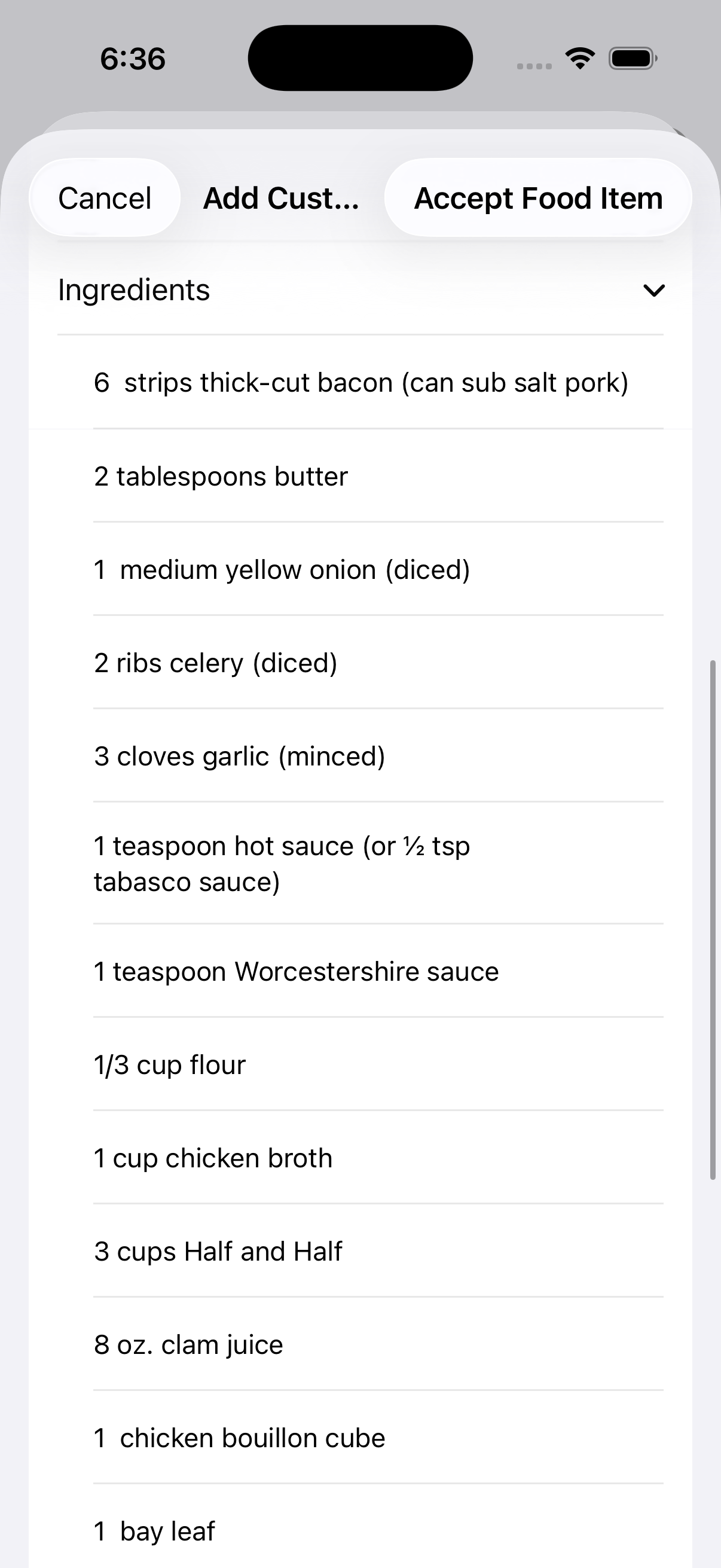 Reviewed recipe ready to accept in BeFit Tracker on iPhone