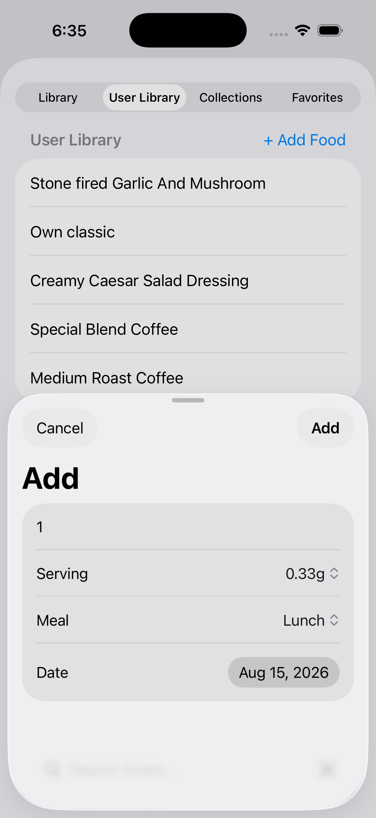 Add reviewed food to the User Library on iPhone