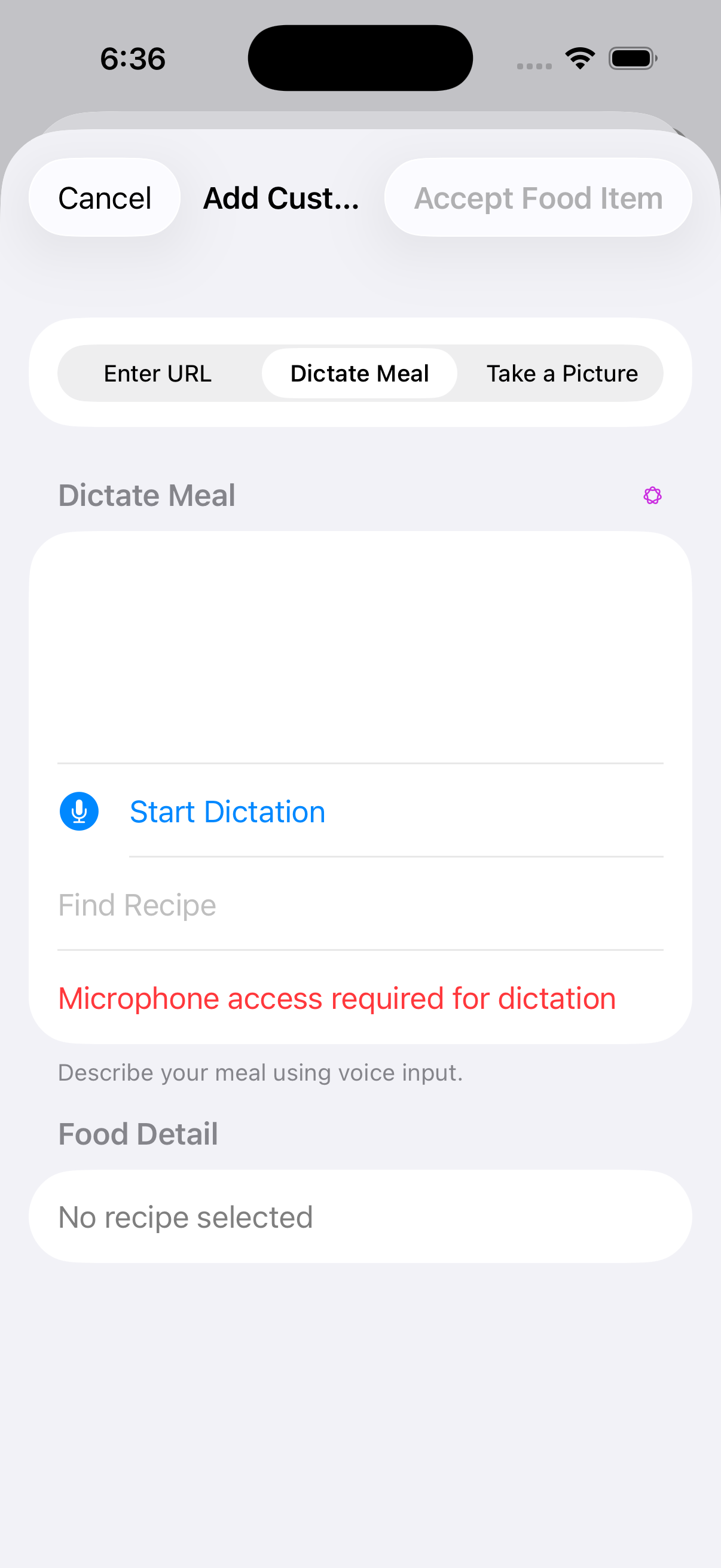Add by Dictation option in the User Food Library on iPhone