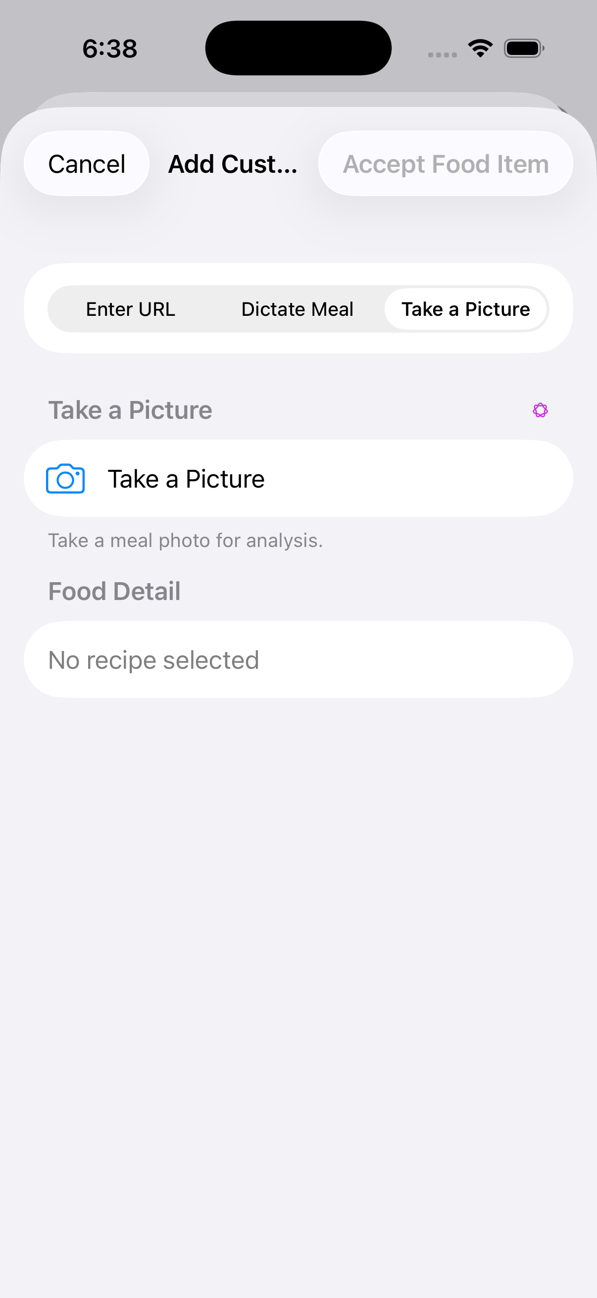 Take a Picture option for adding a food on an eligible iPhone