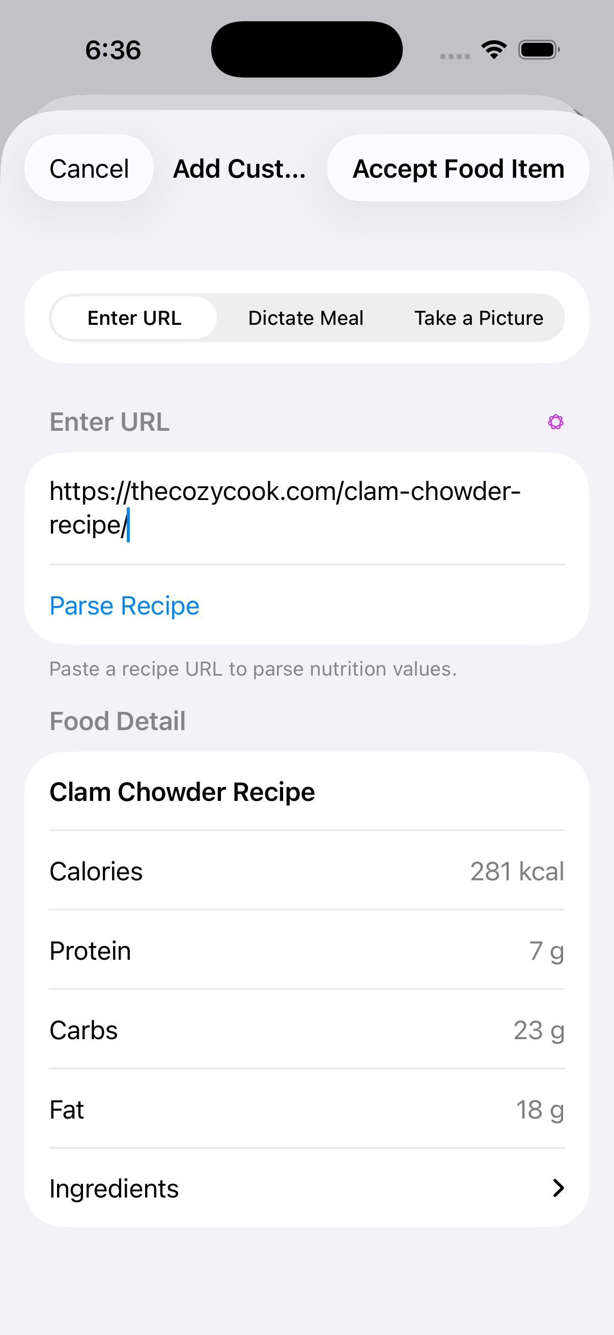 Recipe candidate selected for review in BeFit Tracker on iPhone