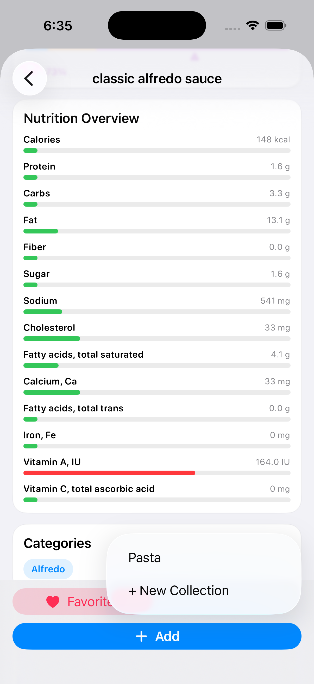 Assign a food to a collection in BeFit Tracker on iPhone