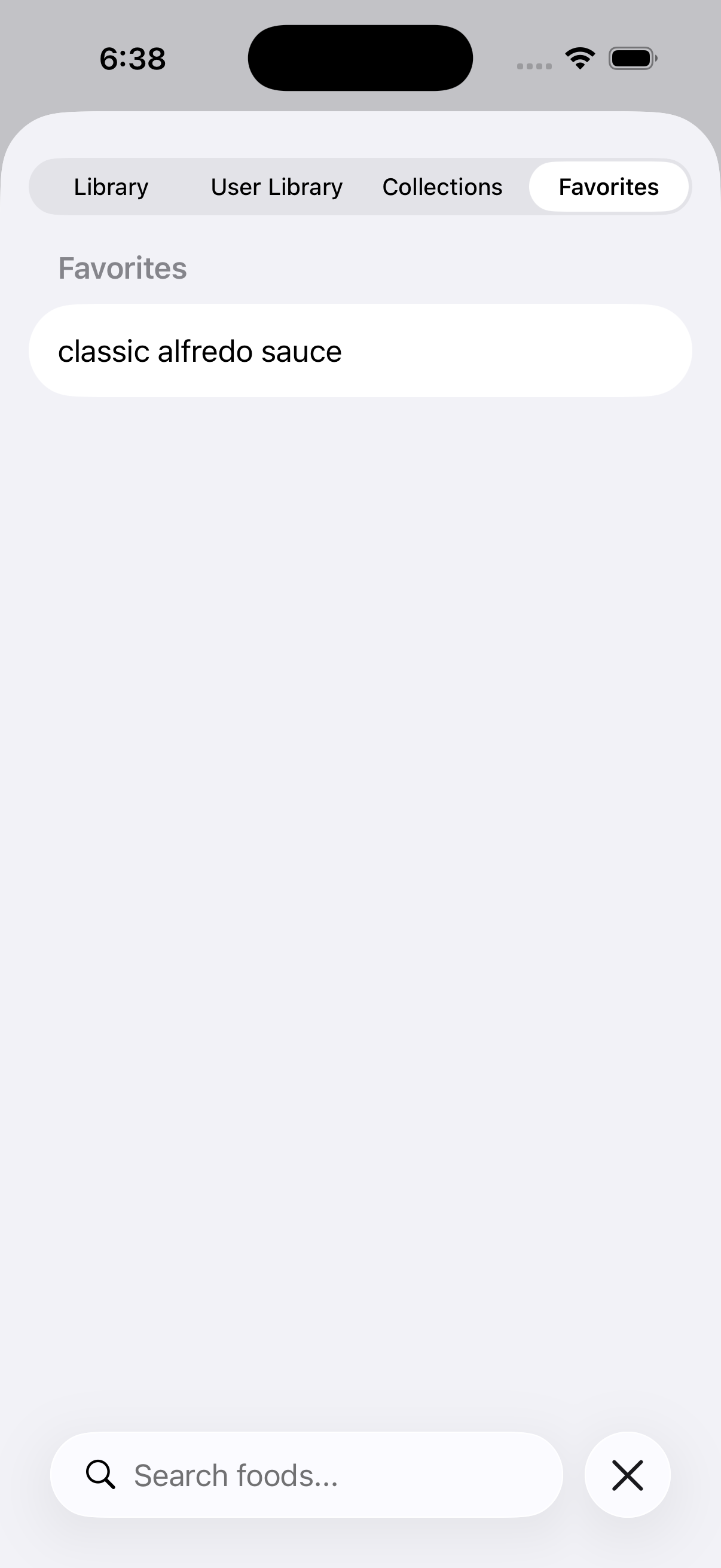 Favorites view in the BeFit Tracker Food Library on iPhone