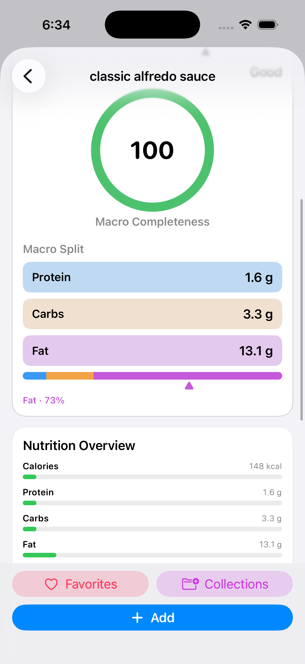 Food details in BeFit Tracker on iPhone