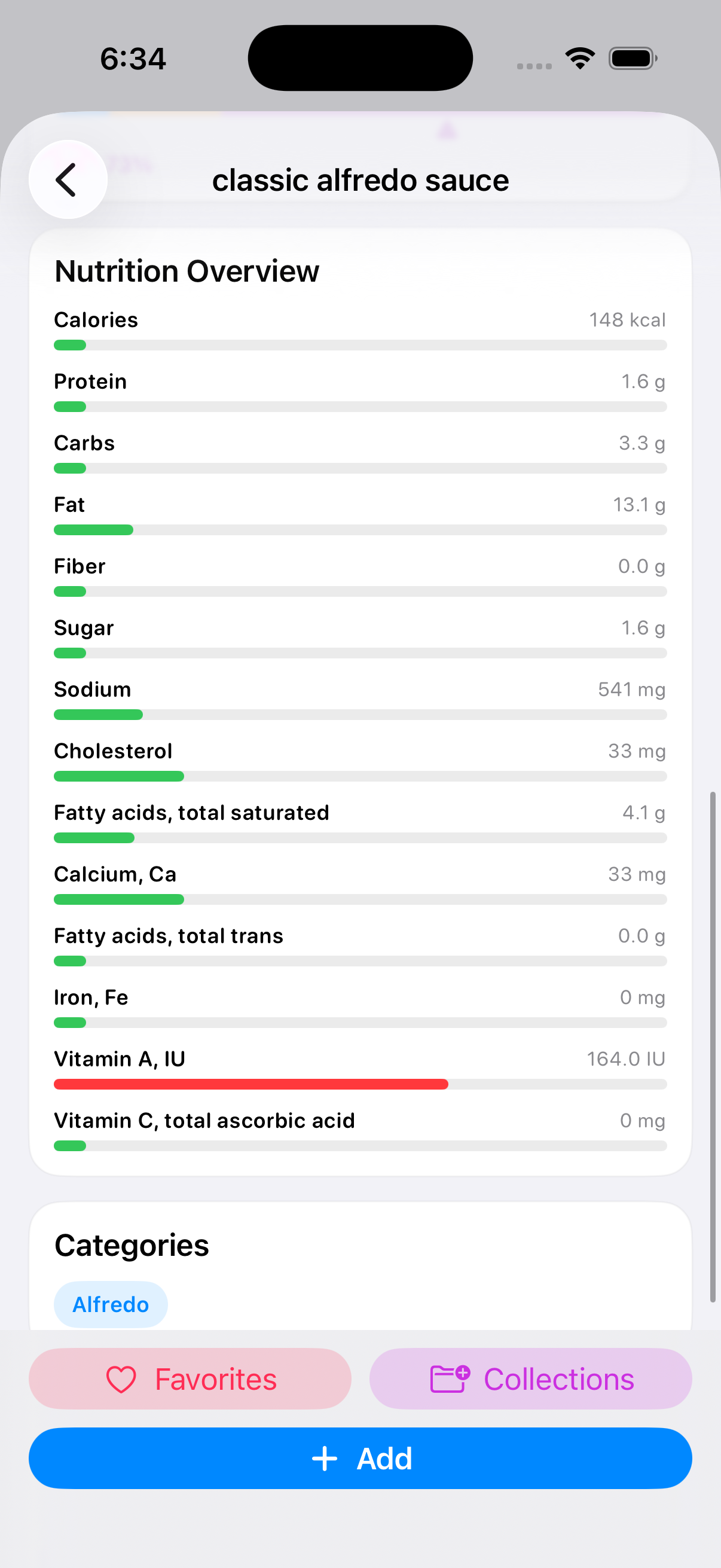 Macronutrient detail for a food in BeFit Tracker on iPhone