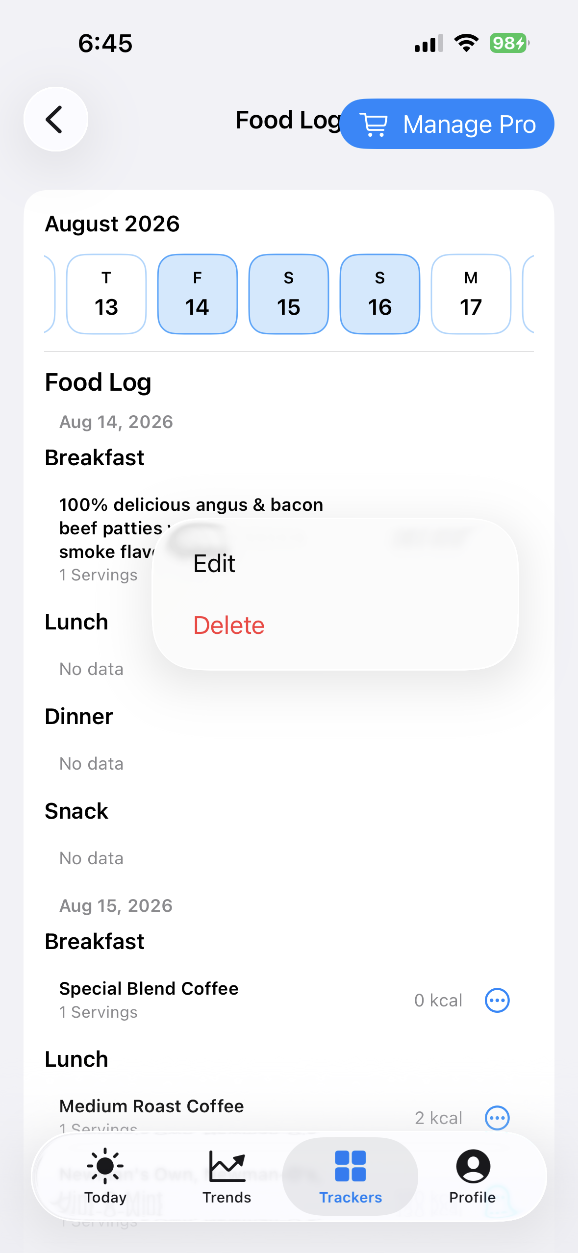 Edit controls for a logged food in BeFit Tracker on iPhone