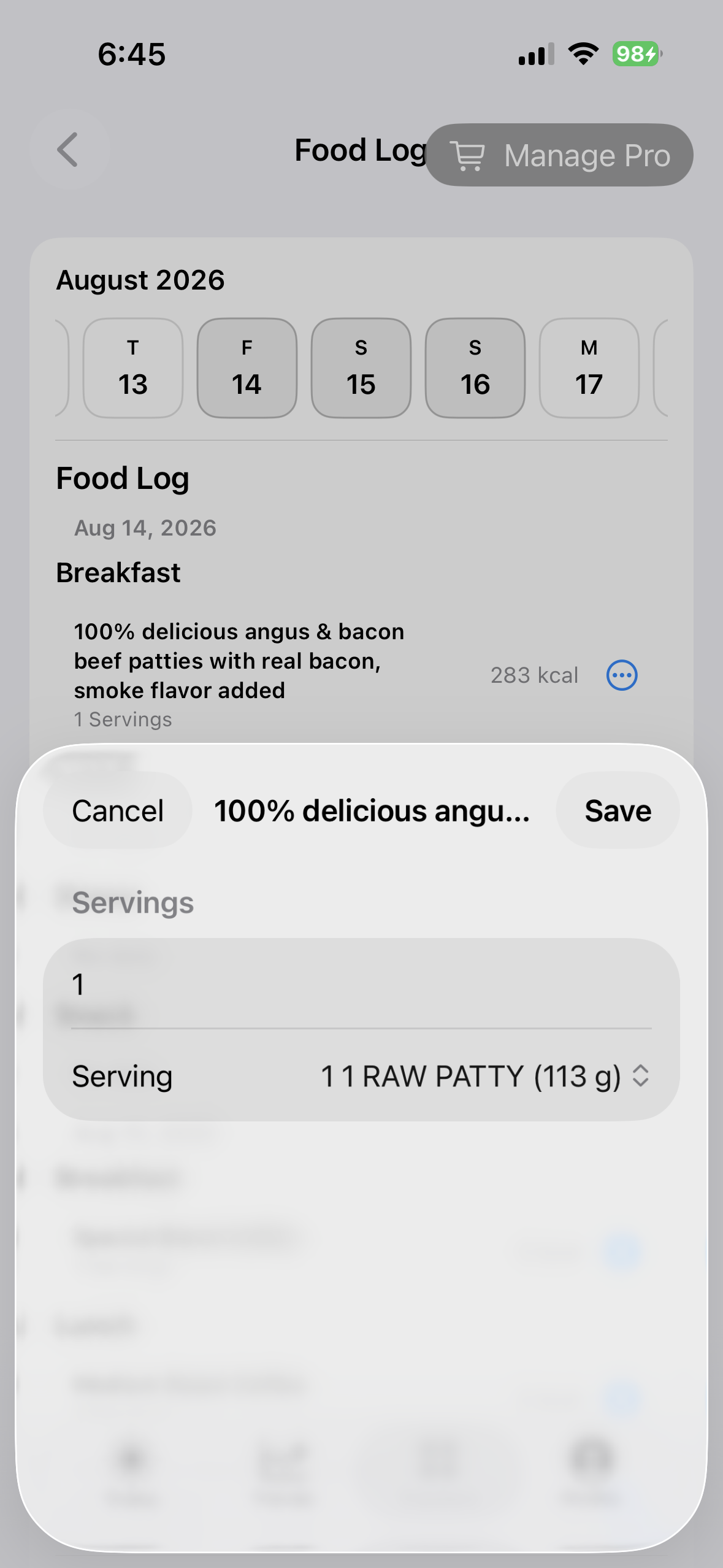 Serving correction for a logged food on iPhone