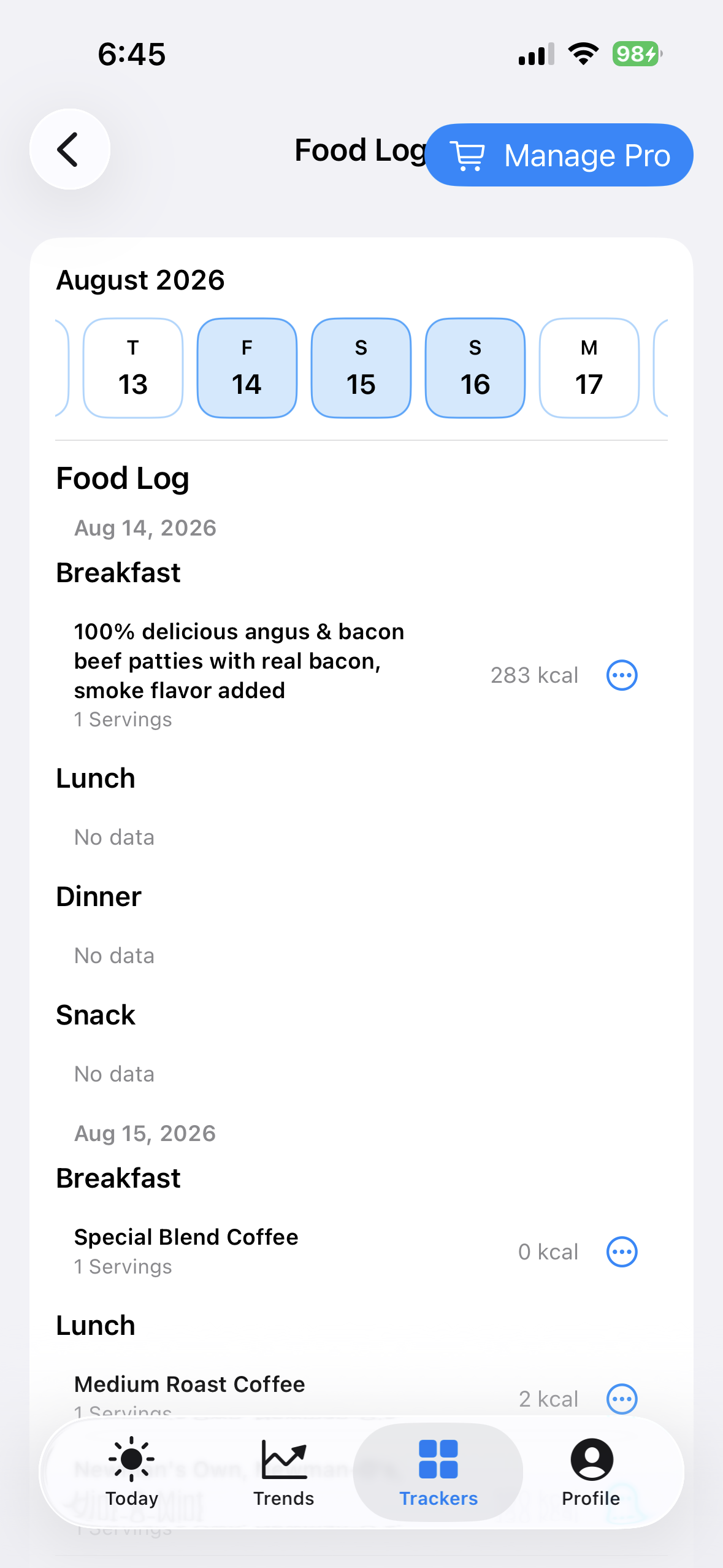 Food Log history on iPhone