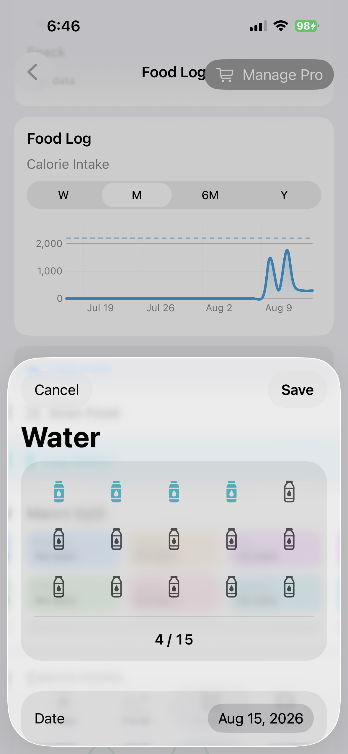 Water logging sheet in BeFit Tracker on iPhone