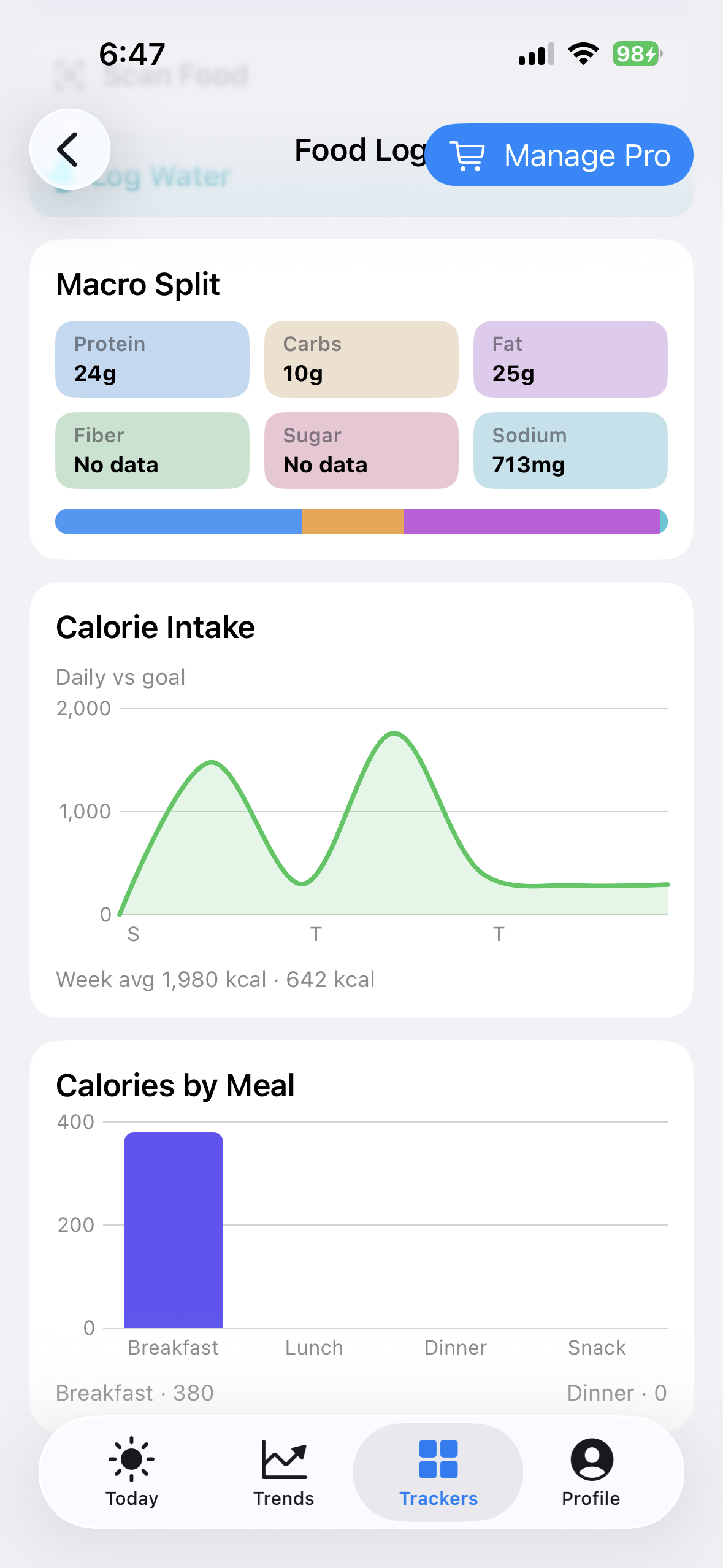Macro split shown for a food in BeFit Tracker on iPhone