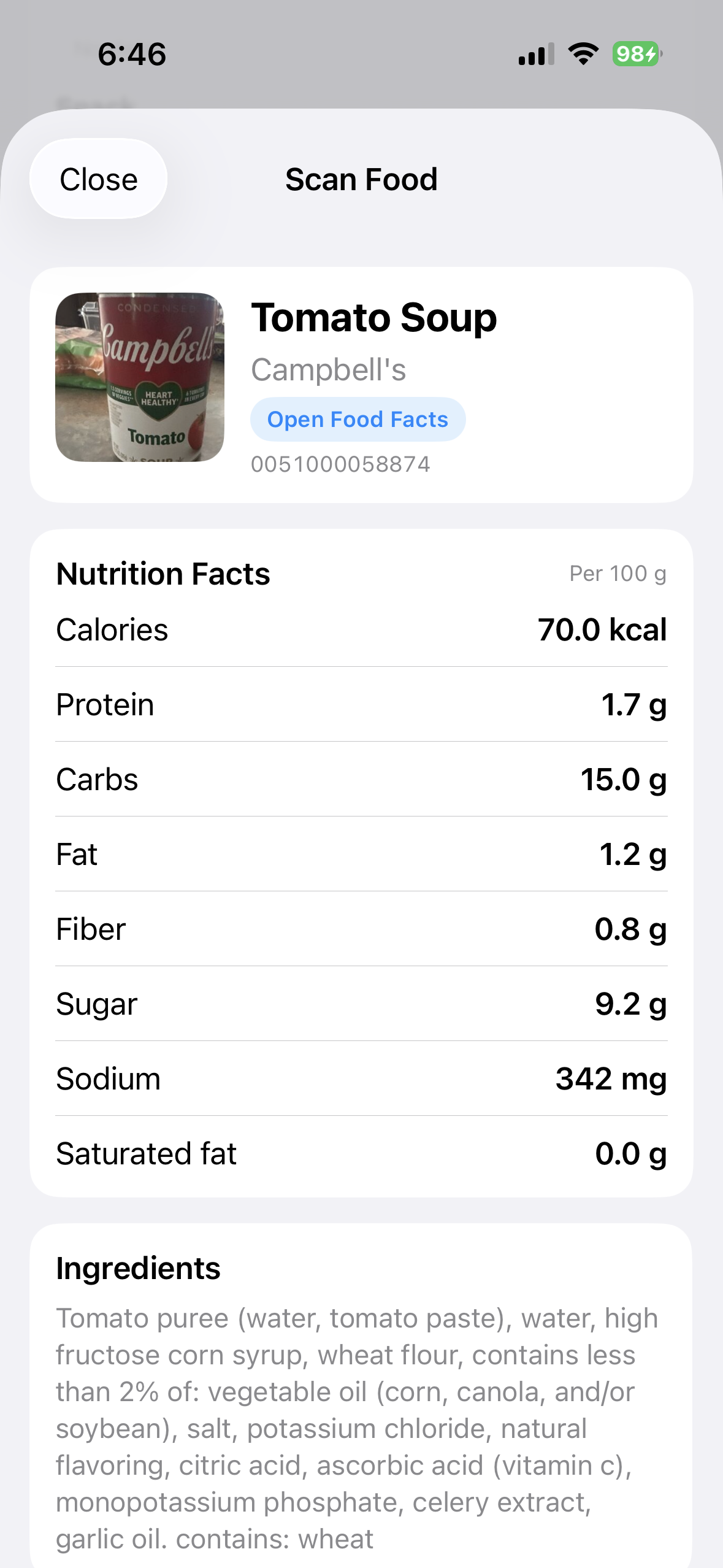 Open Food Facts product detail returned from a barcode scan