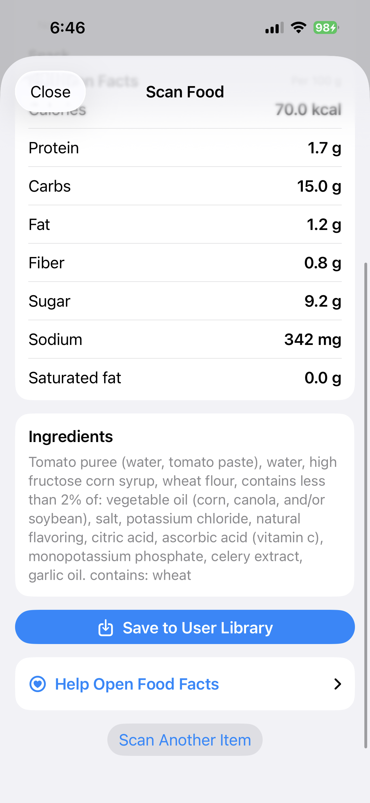 Ingredients supplied by Open Food Facts in BeFit Tracker on iPhone