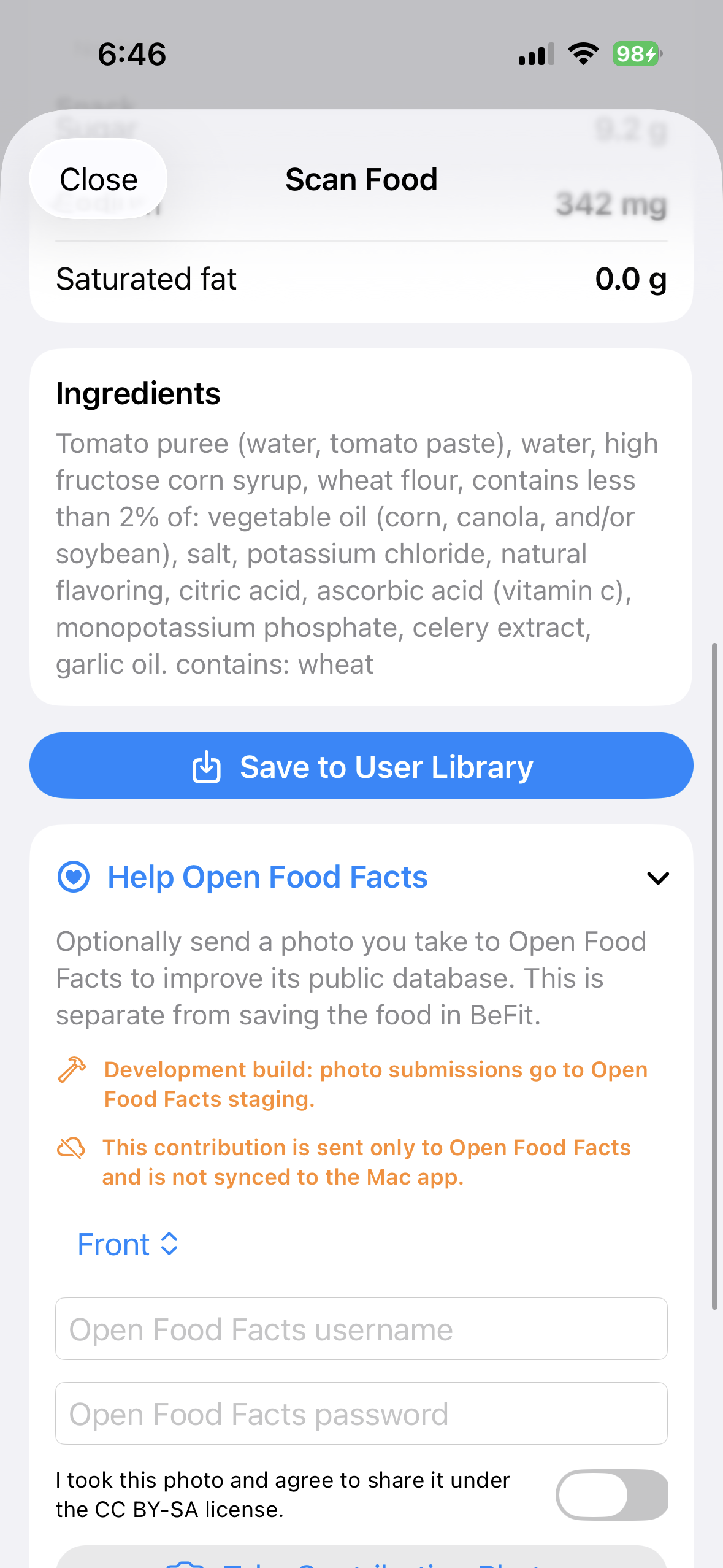 Barcode scanner guidance in BeFit Tracker on iPhone