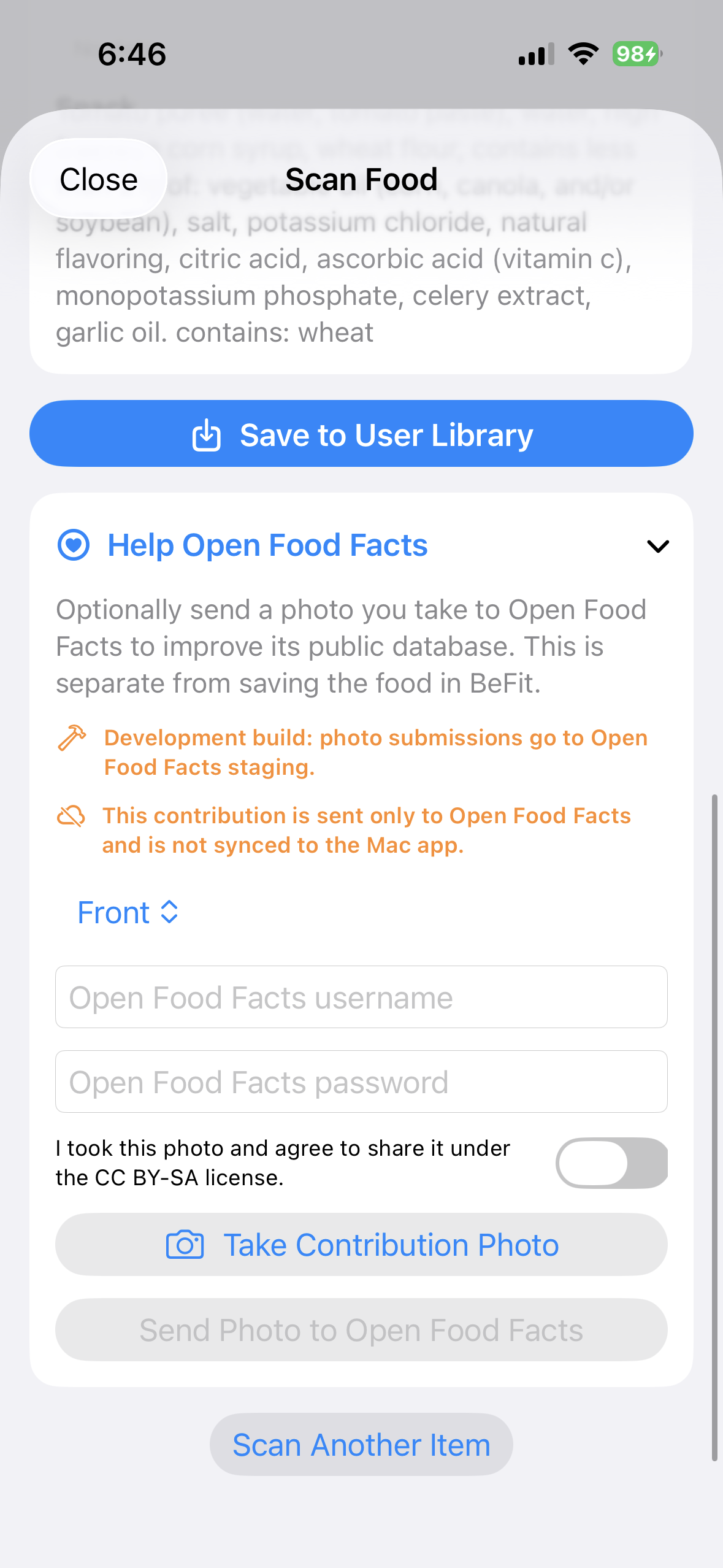 Open Food Facts contributor sign-in shown as unavailable in BeFit Tracker
