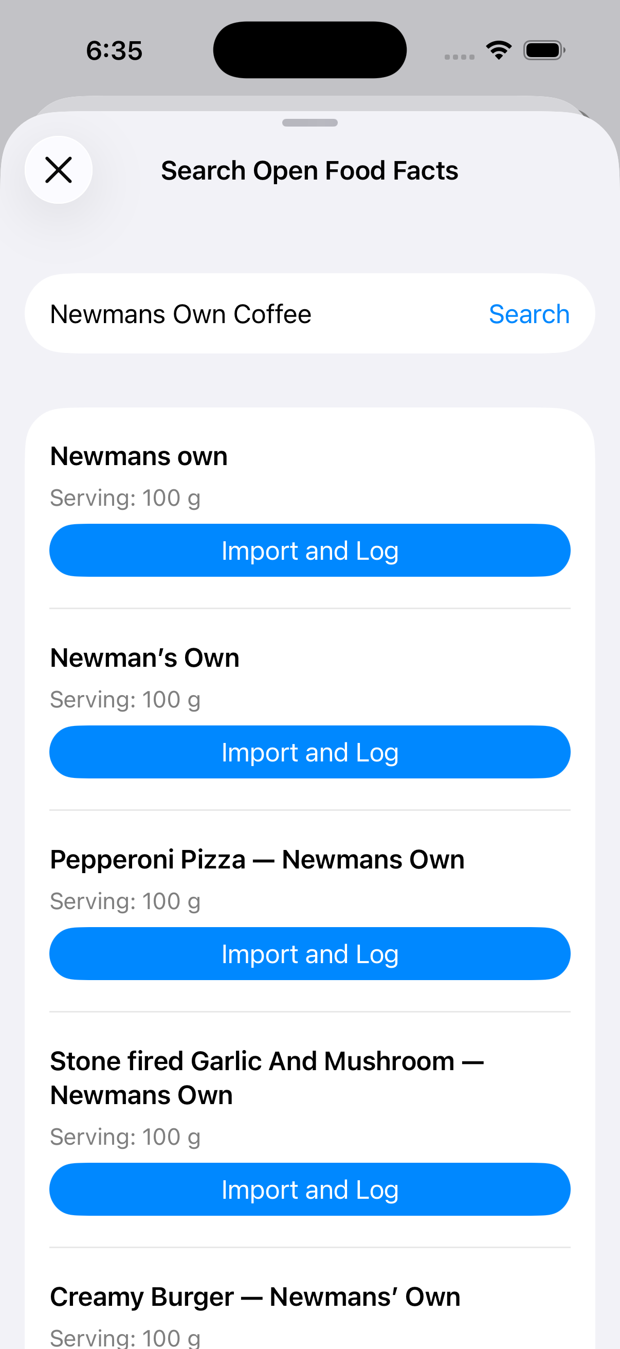 Open Food Facts search results in BeFit Tracker on iPhone