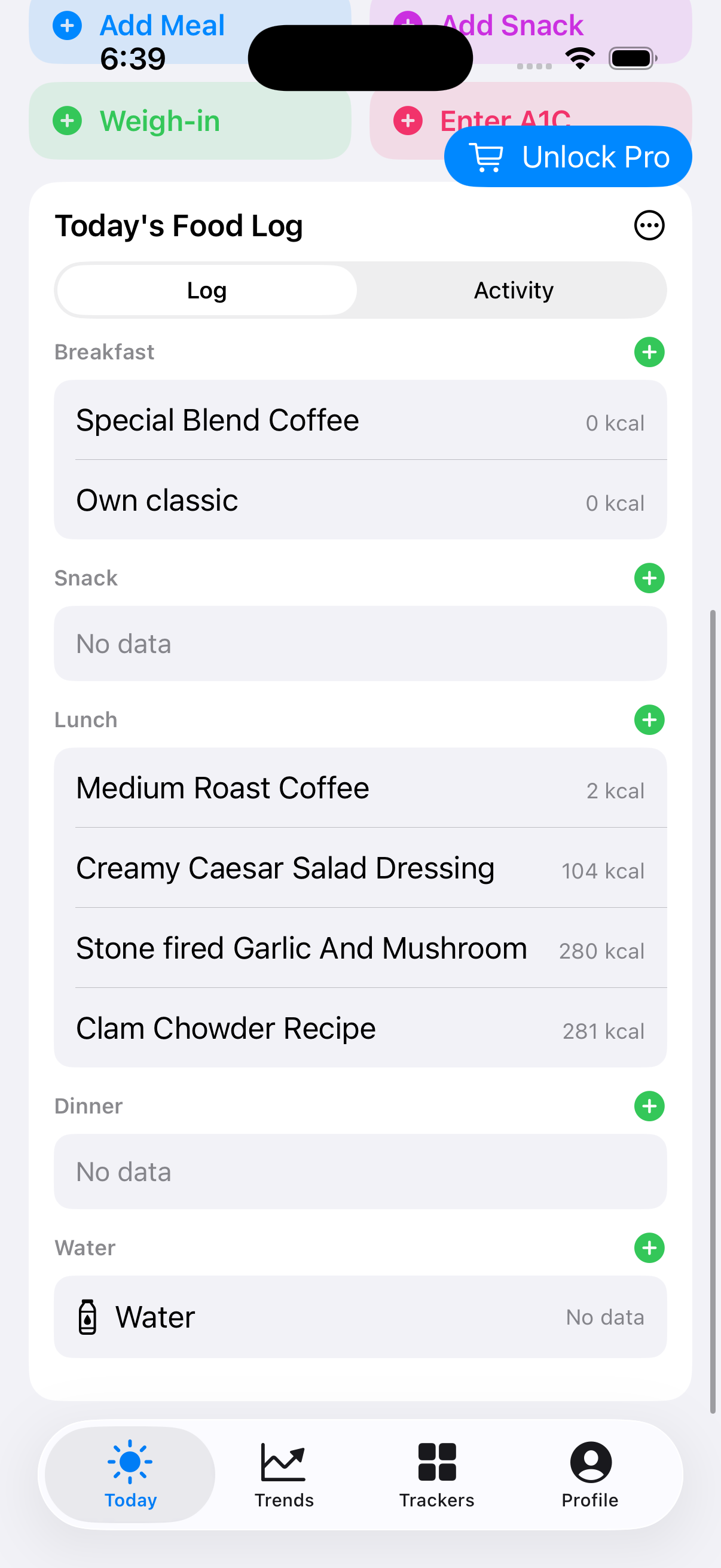 Today's Food Log grouped by meal on iPhone