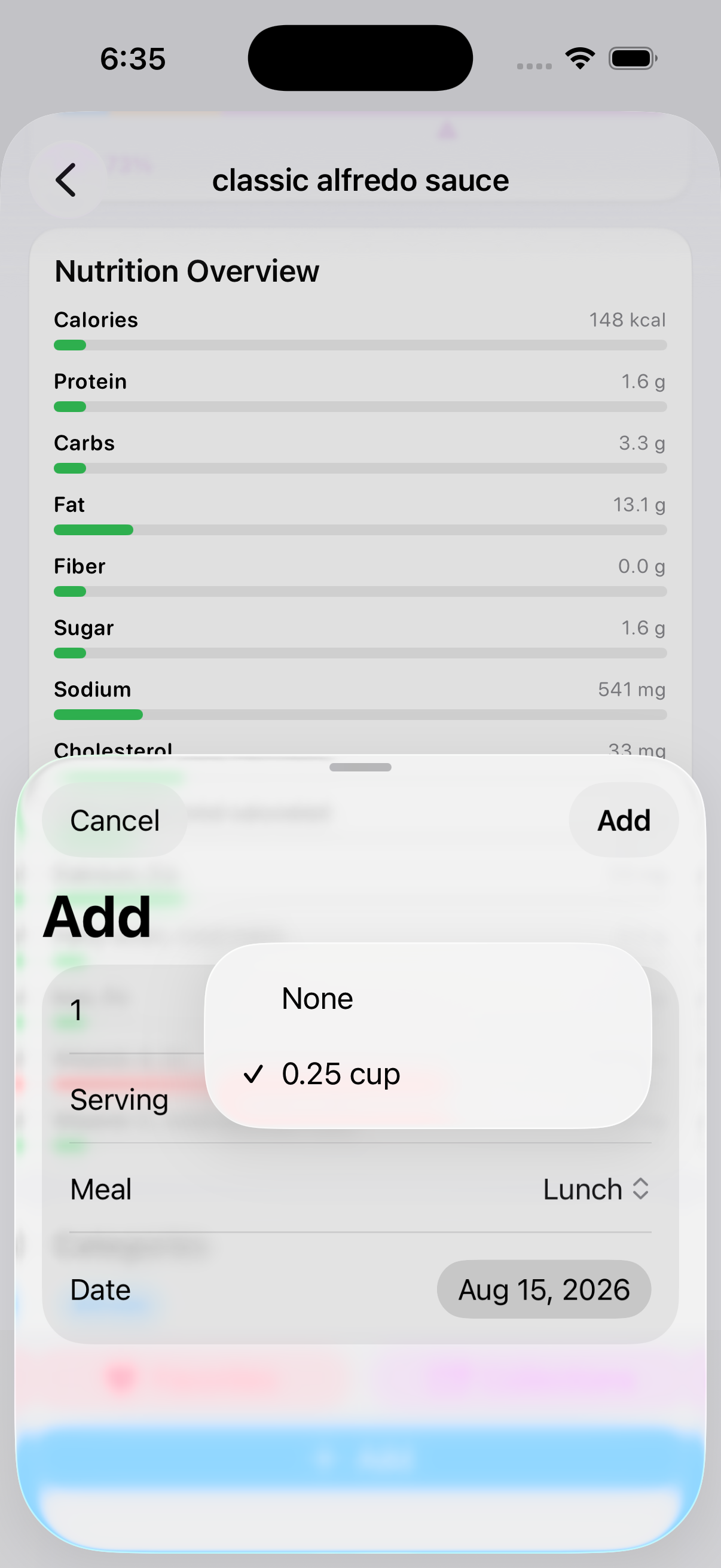 Serving picker for a selected food in BeFit Tracker on iPhone