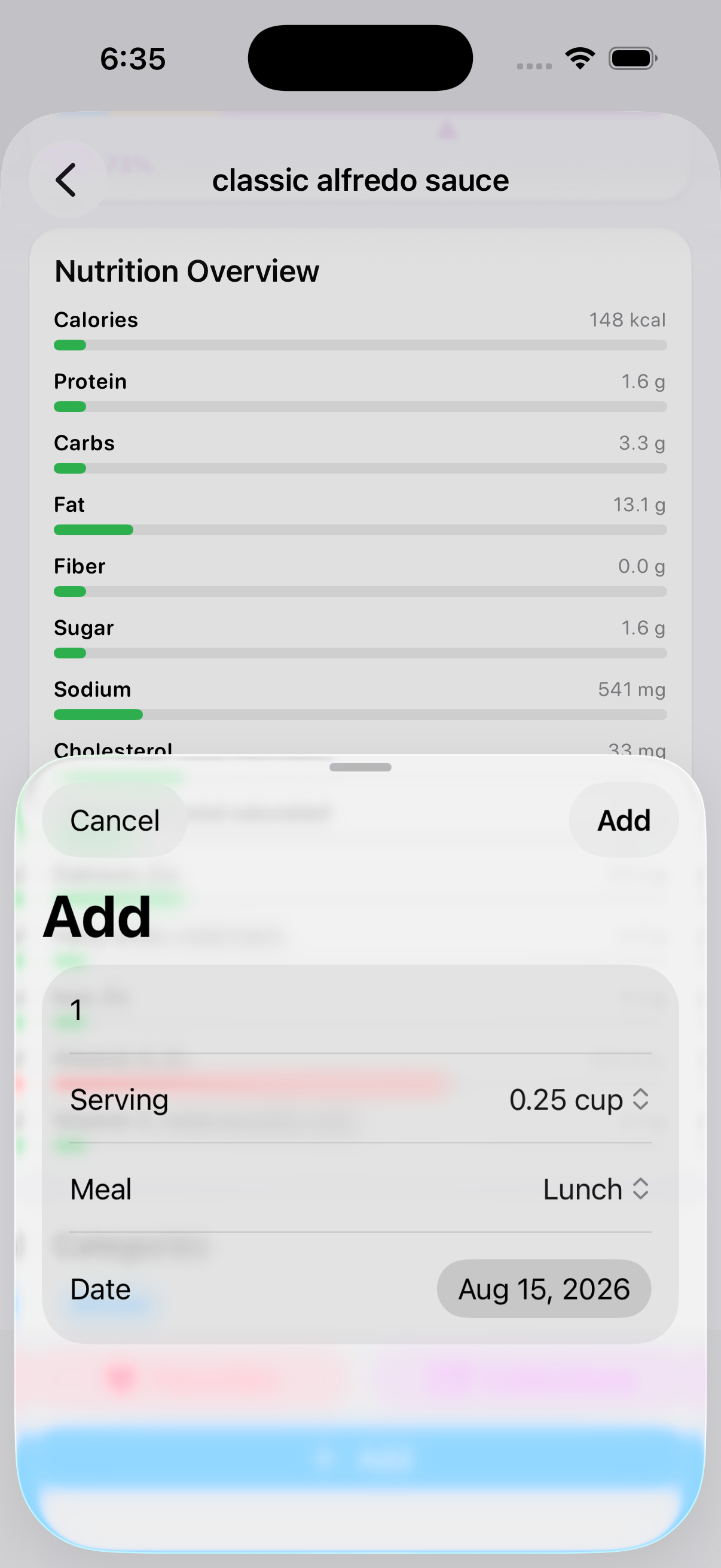 Food logging sheet with serving and quantity selected on iPhone