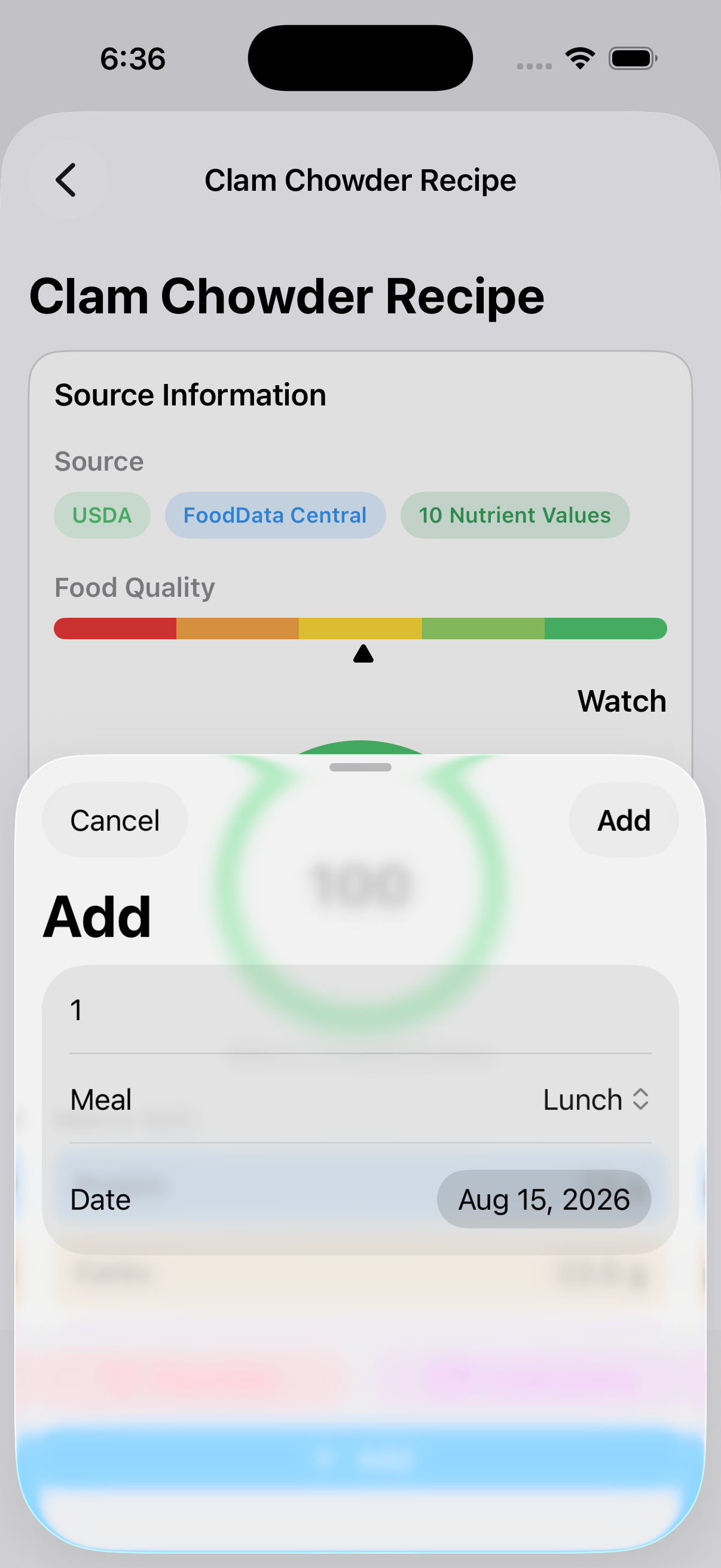 Imported recipe ready to log with its saved serving basis on iPhone