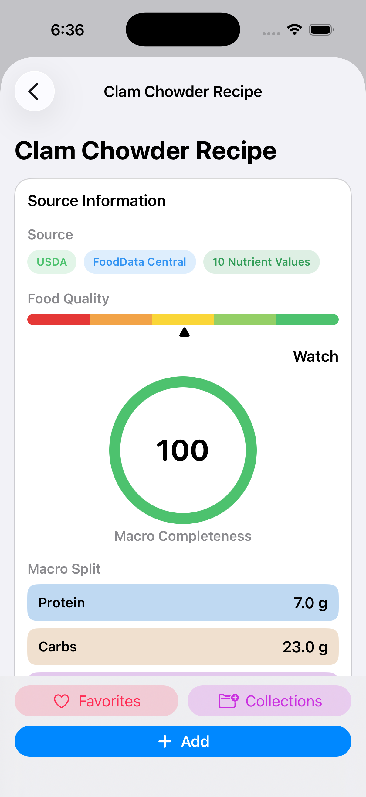 Recipe macros in a saved User Library food on iPhone