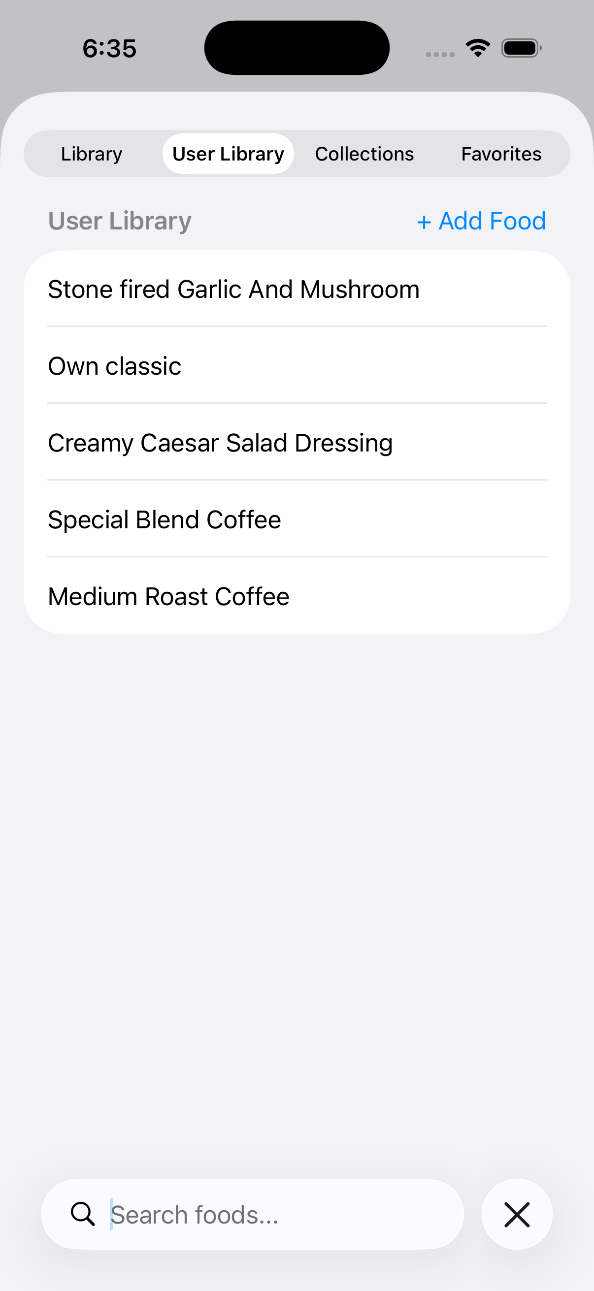 User Food Library in BeFit Tracker on iPhone