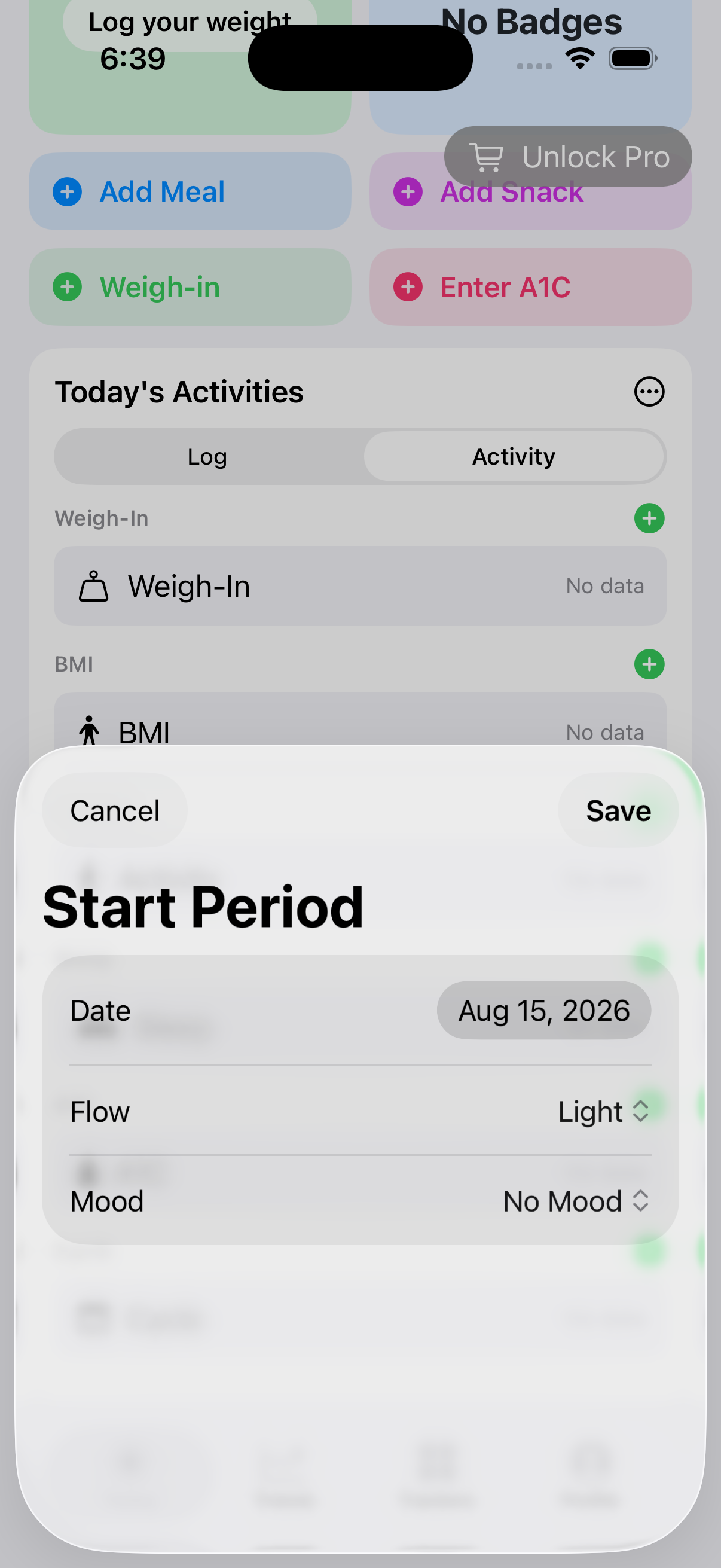 Start Period sheet in the Cycle tracker on iPhone