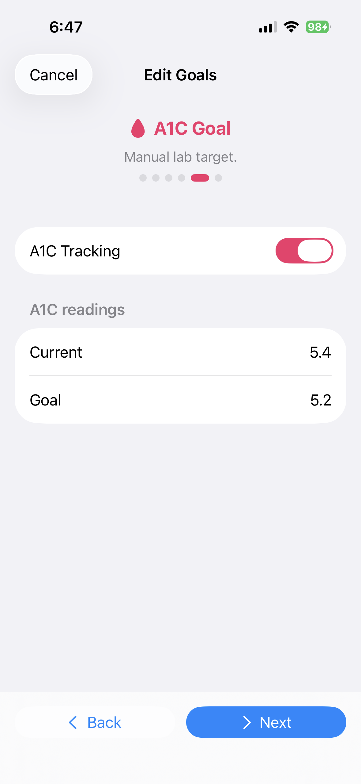 A1C goal editor in BeFit Tracker on iPhone