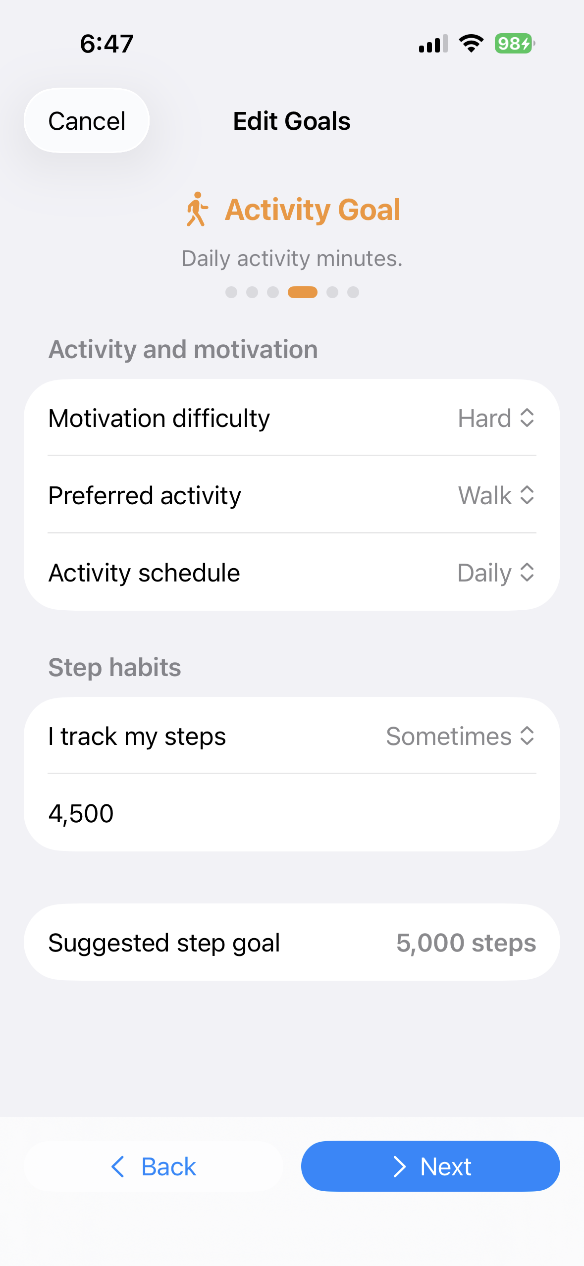 Activity goal editor in BeFit Tracker on iPhone