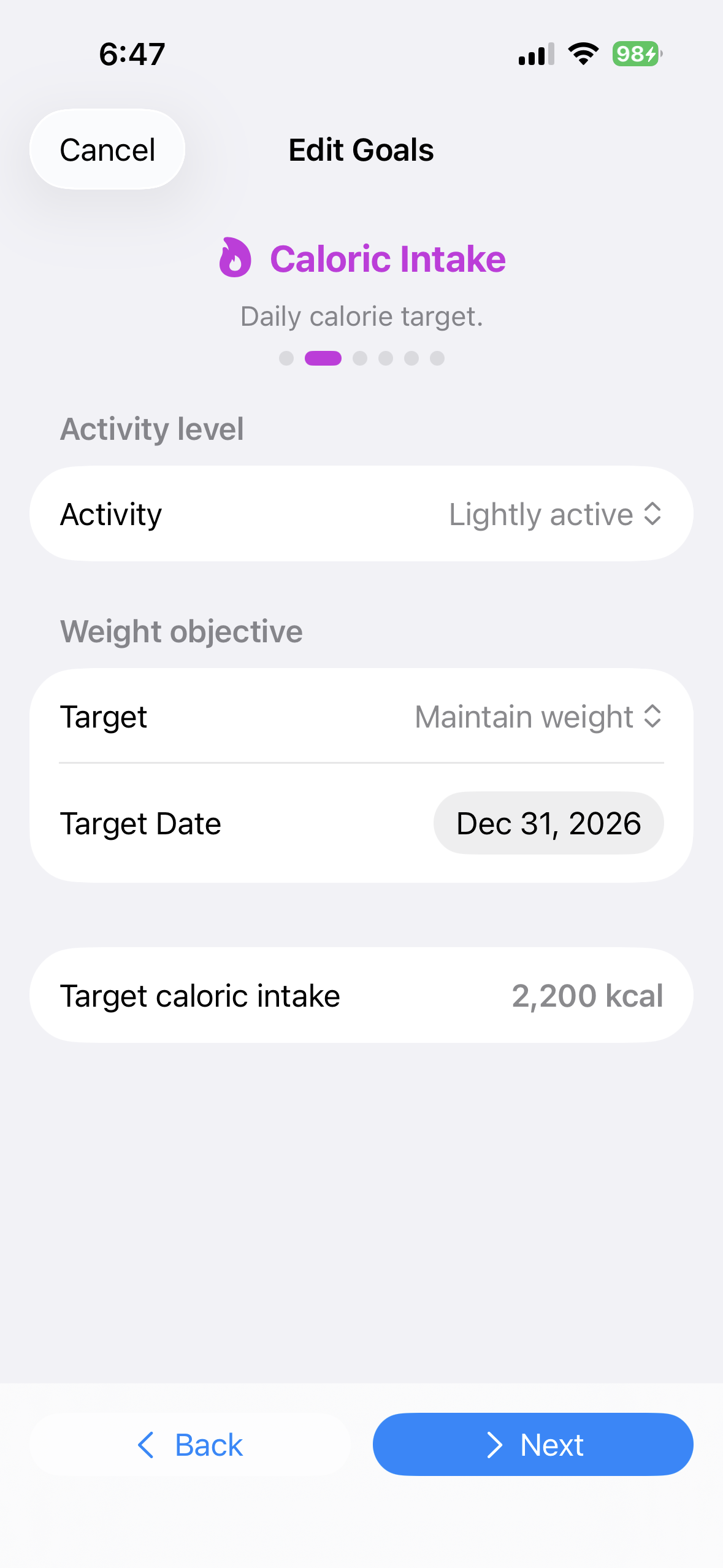 Calorie goal editor in BeFit Tracker on iPhone